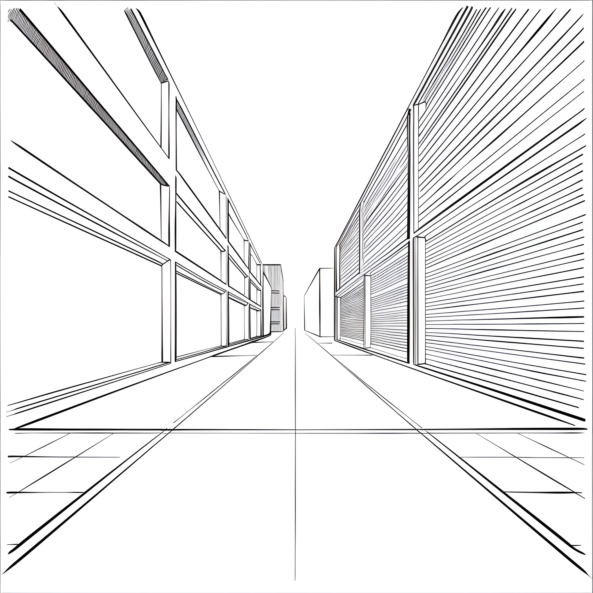 2-Point Perspective urban street with buildings Drawing Idea (free black-and-white line drawing printable PDF for all, from beginners to advanced learners, including children, teens, adults, and seniors)