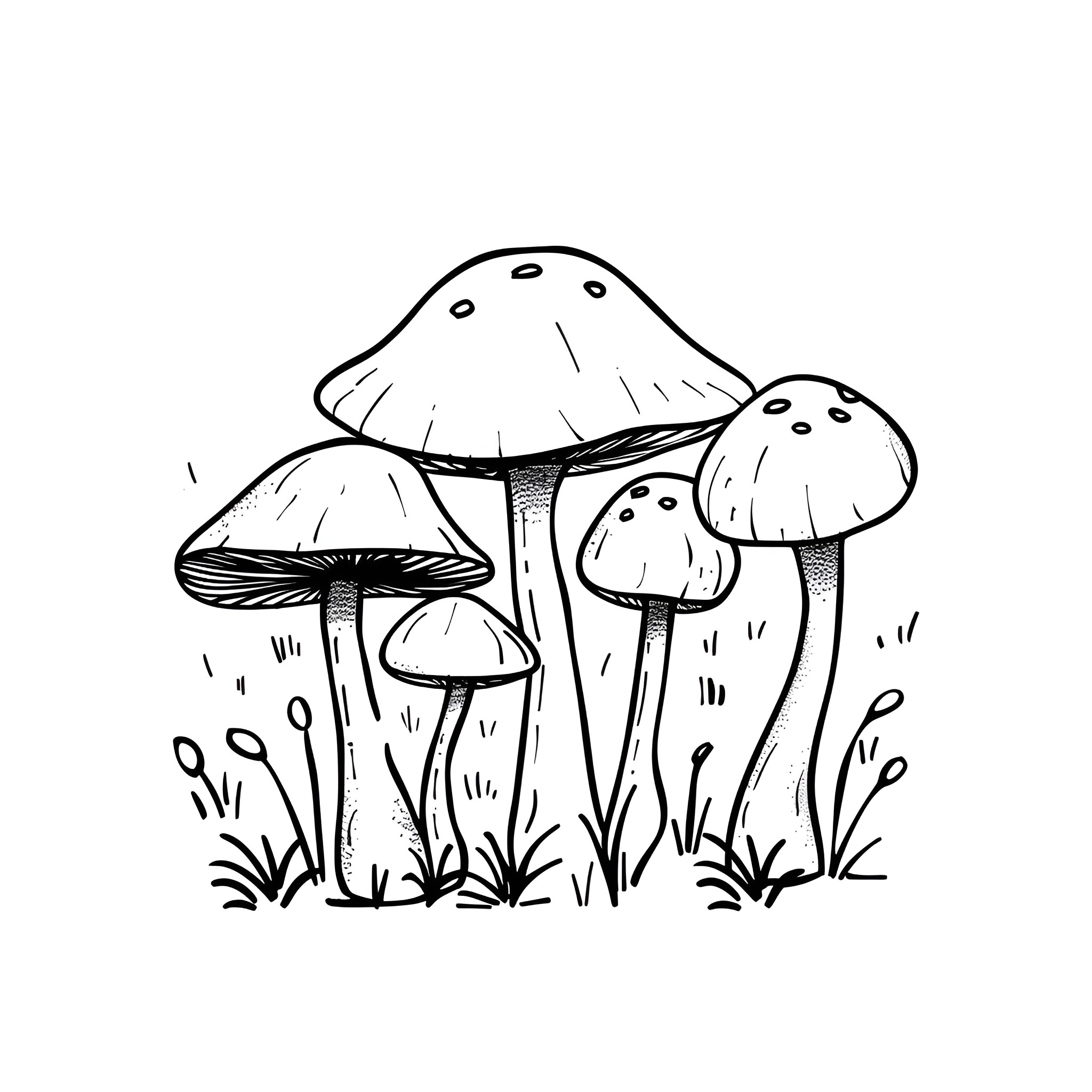 Mushrooms growing in the forest Drawing Idea (free black-and-white line drawing printable PDF for all, from beginners to advanced learners, including children, teens, adults, and seniors)