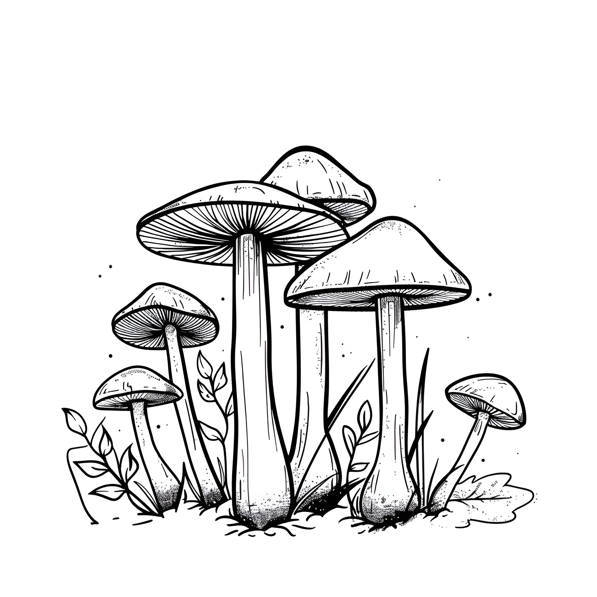 Mushrooms growing in nature Drawing Idea (free black-and-white line drawing printable PDF for all, from beginners to advanced learners, including children, teens, adults, and seniors)