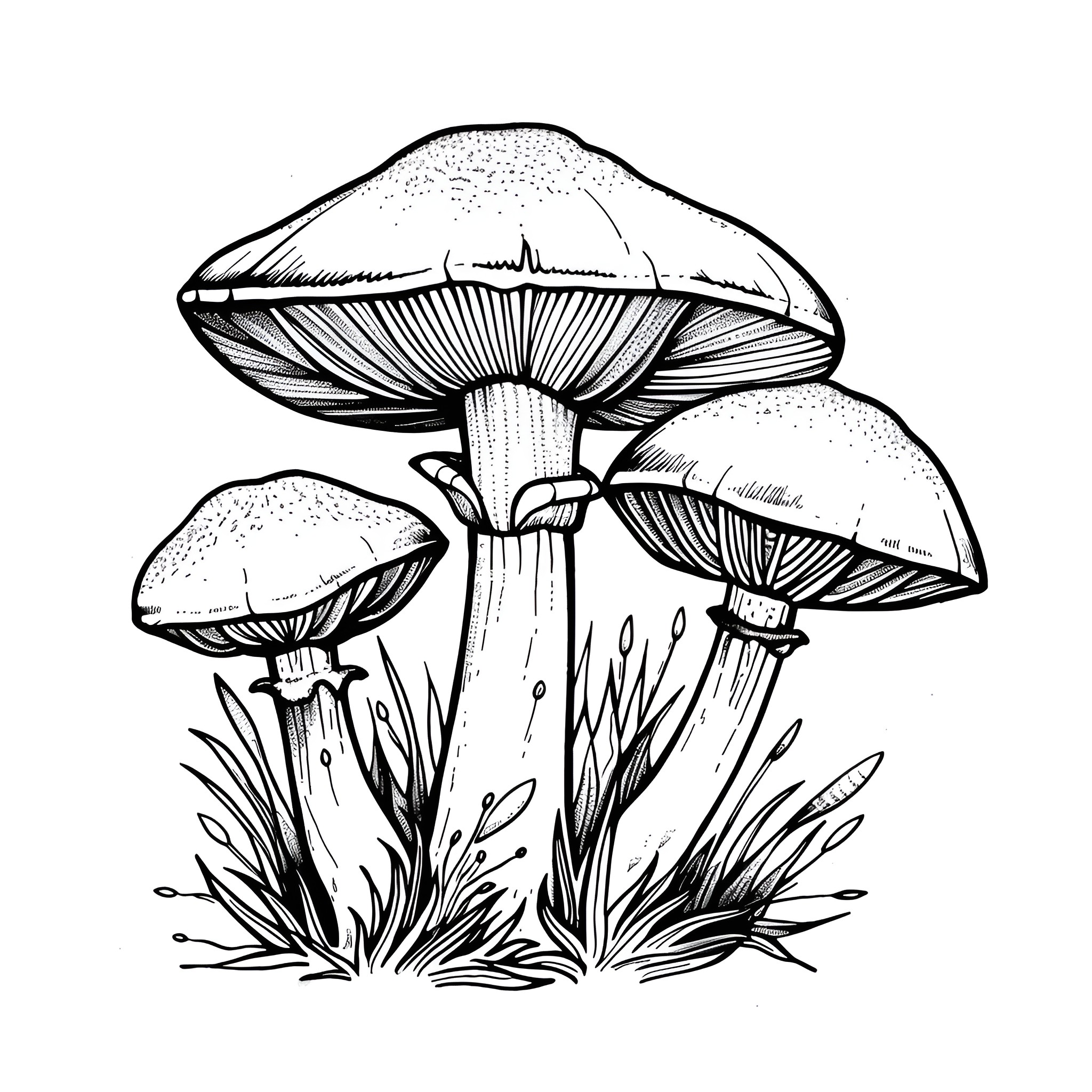 Mushrooms growing in the undergrowth Drawing Idea (free black-and-white line drawing printable PDF for all, from beginners to advanced learners, including children, teens, adults, and seniors)