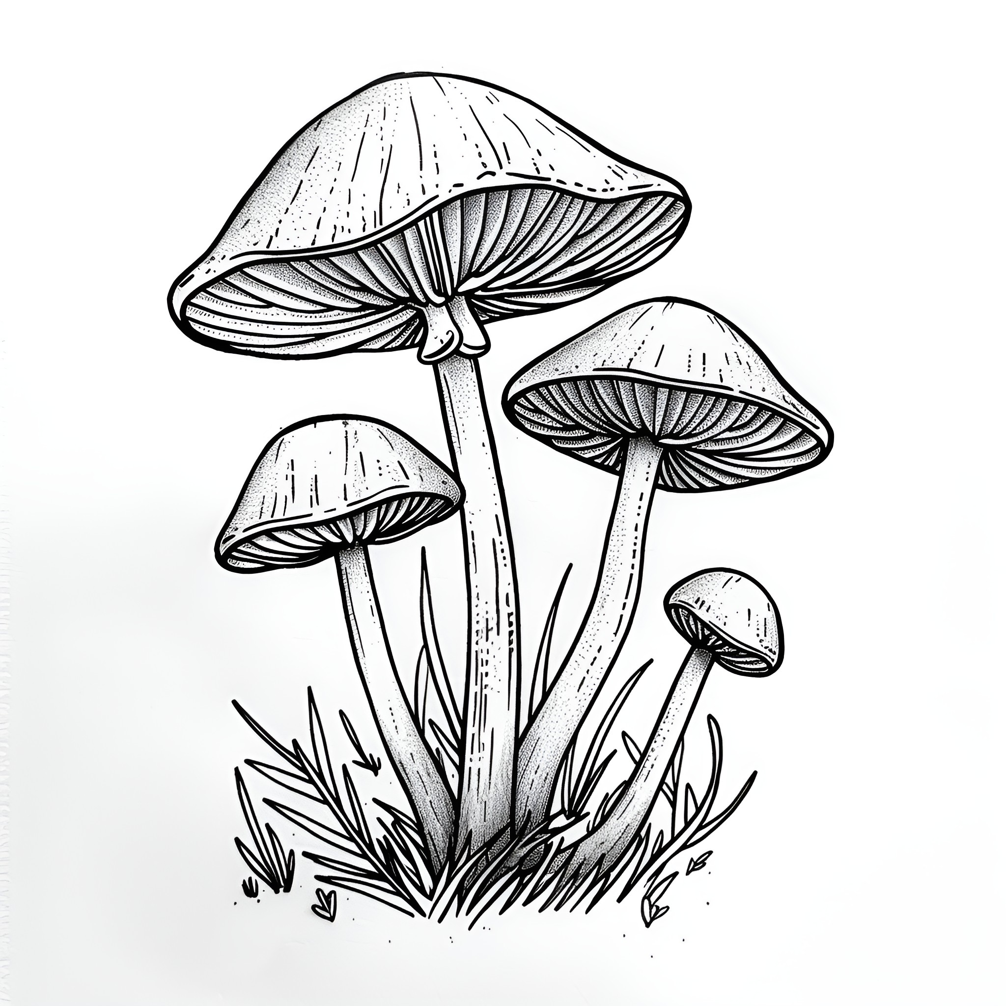 Mushrooms growing in the wild Drawing Idea (free black-and-white line drawing printable PDF for all, from beginners to advanced learners, including children, teens, adults, and seniors)