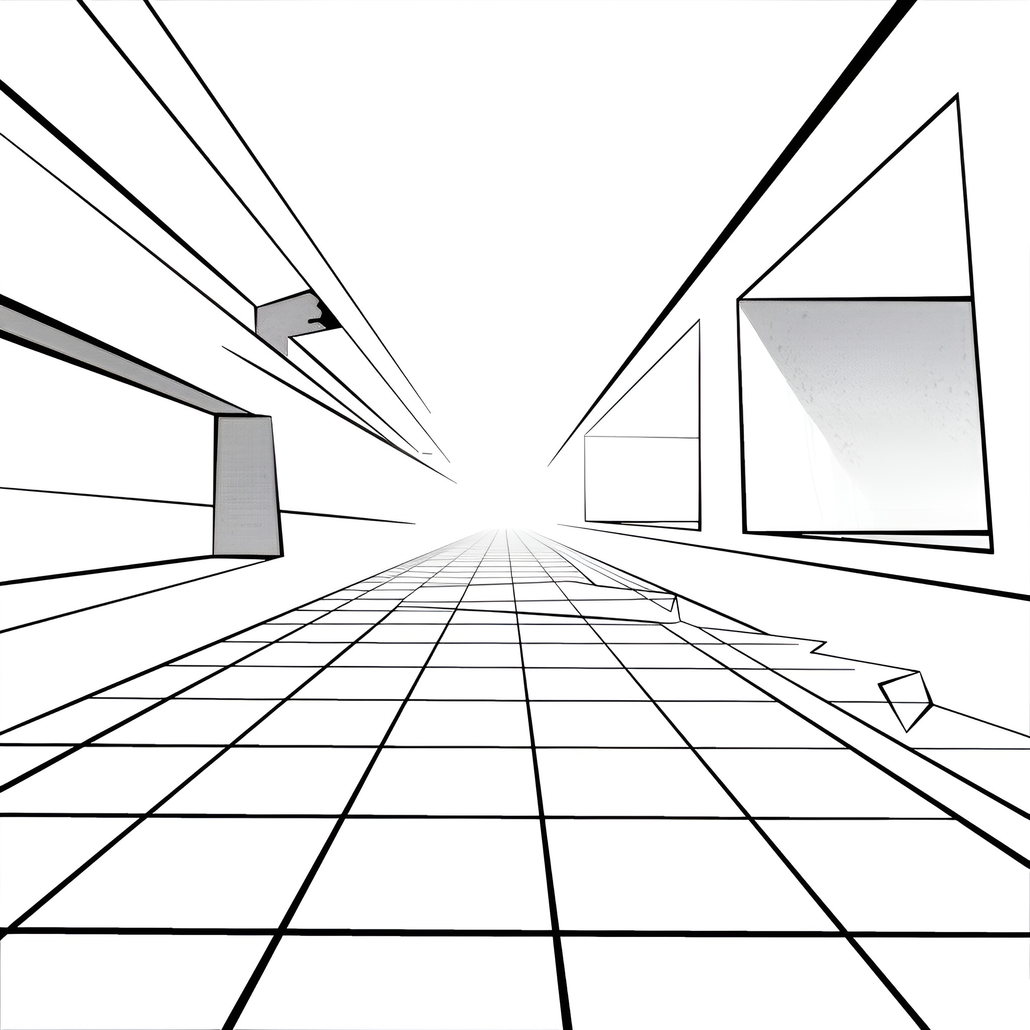 2-Point Perspective Geometric Interior Structures Drawing Idea (free black-and-white line drawing printable PDF for all, from beginners to advanced learners, including children, teens, adults, and seniors)