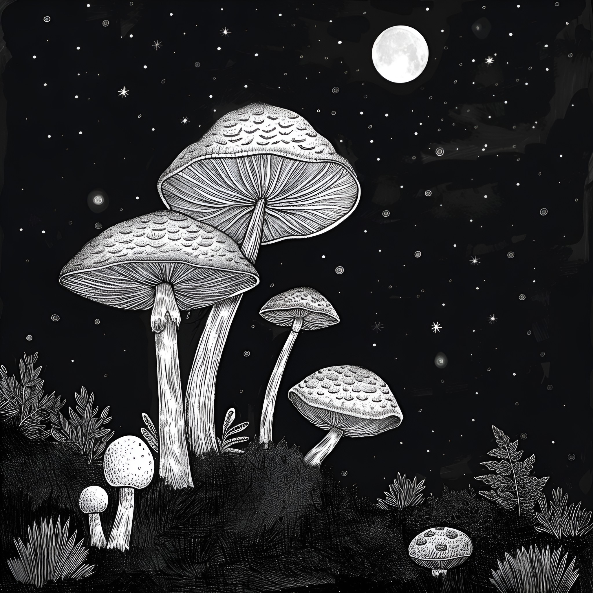 Mushrooms glowing under the moonlight Drawing Idea (free black-and-white line drawing printable PDF for all, from beginners to advanced learners, including children, teens, adults, and seniors)
