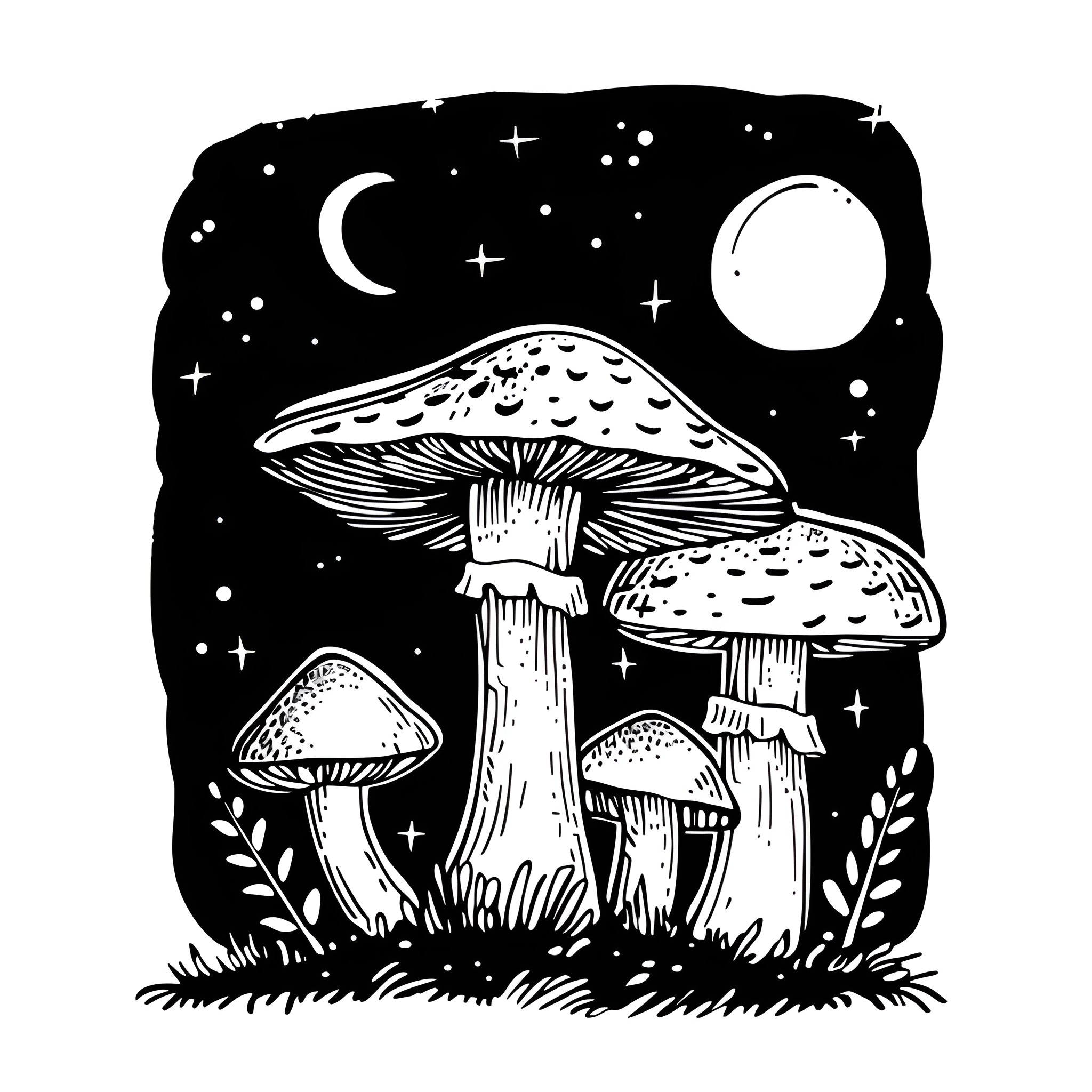 Mushrooms in the moonlight Drawing Idea (free black-and-white line drawing printable PDF for all, from beginners to advanced learners, including children, teens, adults, and seniors)