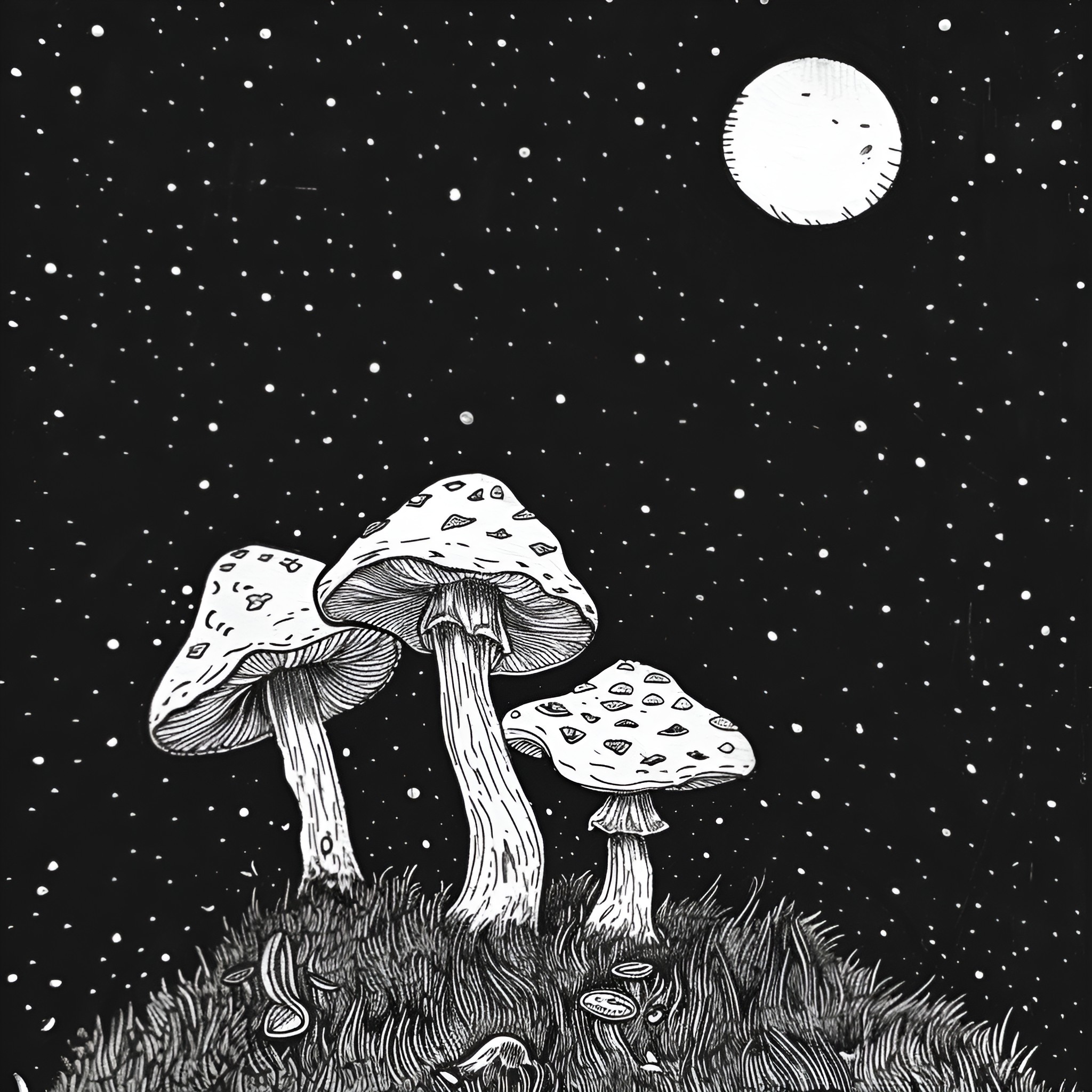 Mushrooms under the starry night Drawing Idea (free black-and-white line drawing printable PDF for all, from beginners to advanced learners, including children, teens, adults, and seniors)