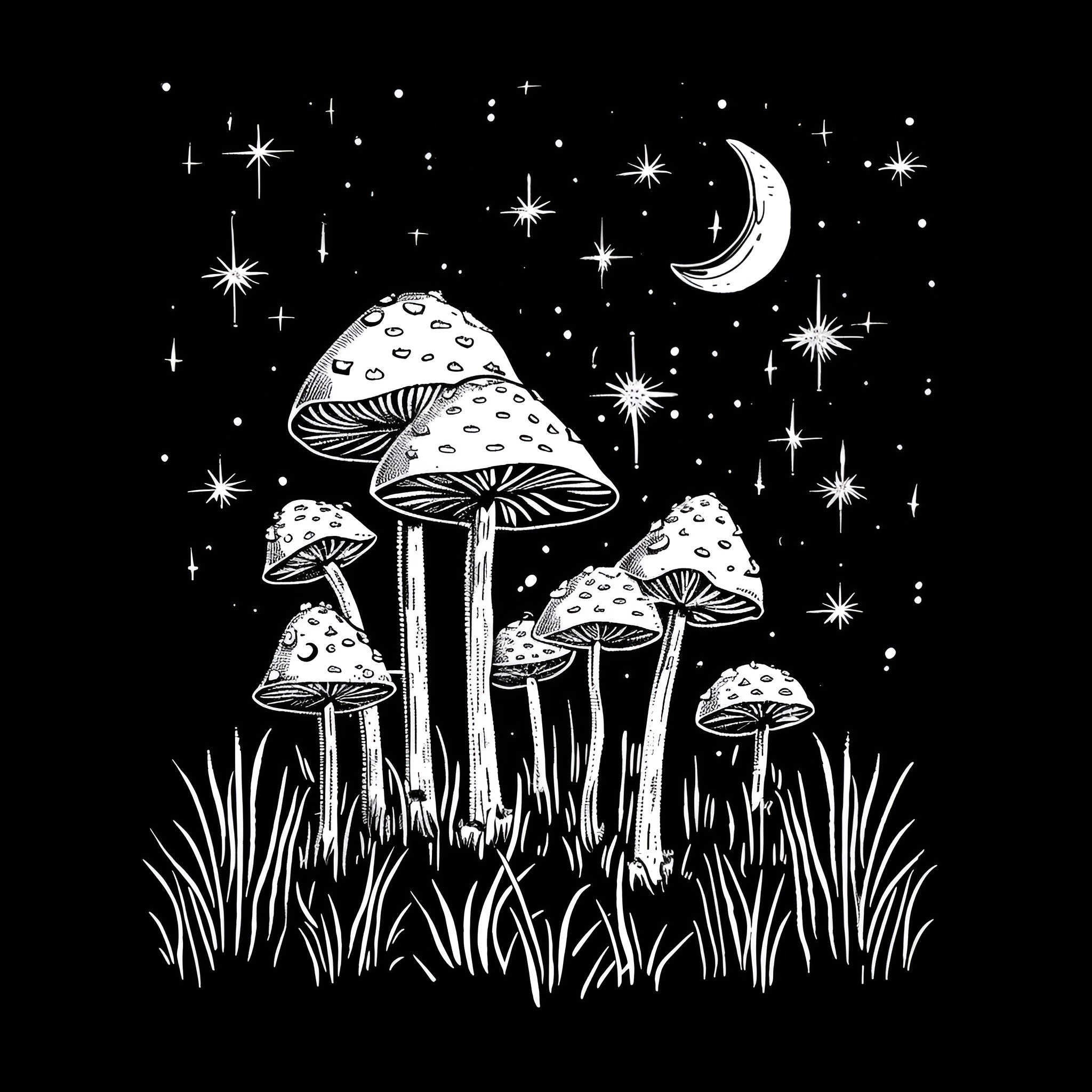 Mushrooms under starry night sky Drawing Idea (free black-and-white line drawing printable PDF for all, from beginners to advanced learners, including children, teens, adults, and seniors)