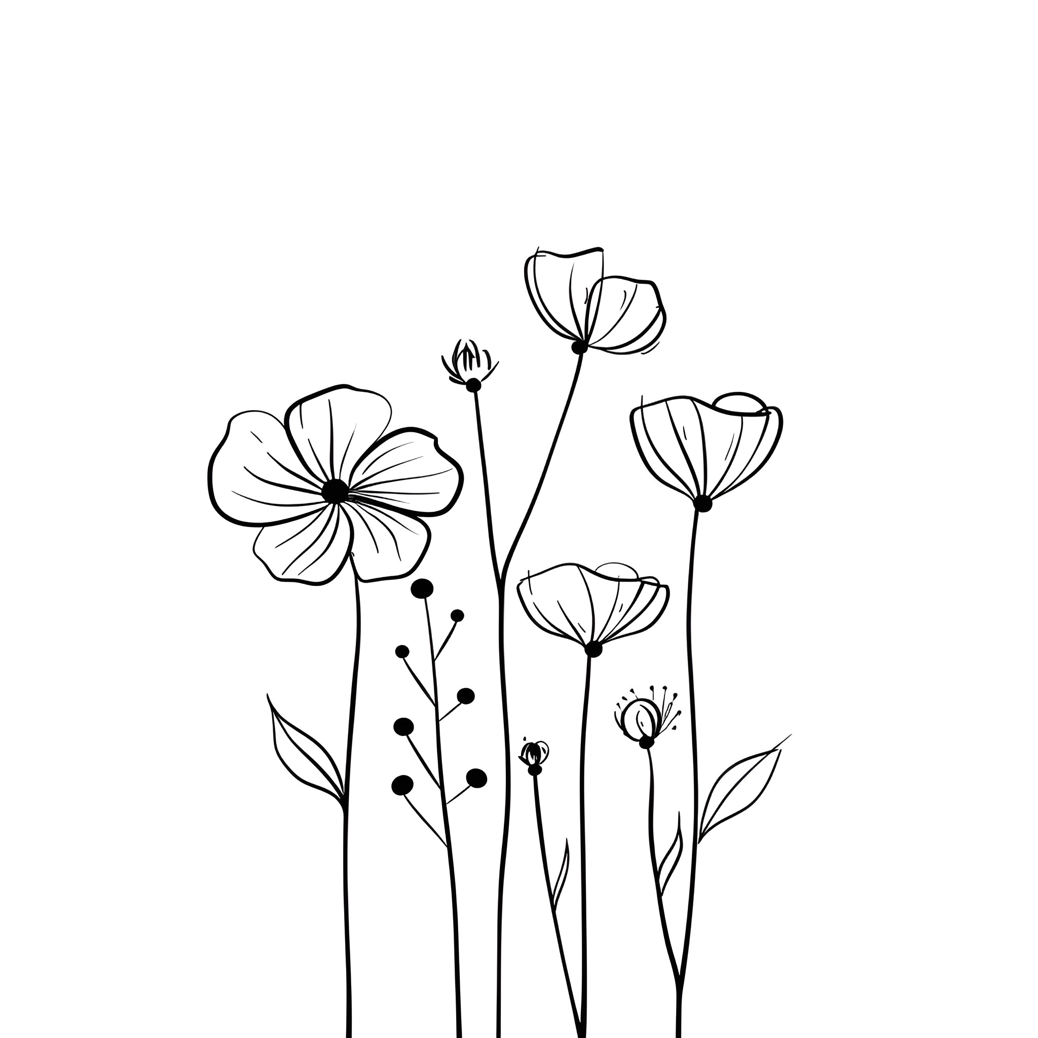Springtime Flowers in Bloom Drawing Idea (free black-and-white line drawing printable PDF for all, from beginners to advanced learners, including children, teens, adults, and seniors)