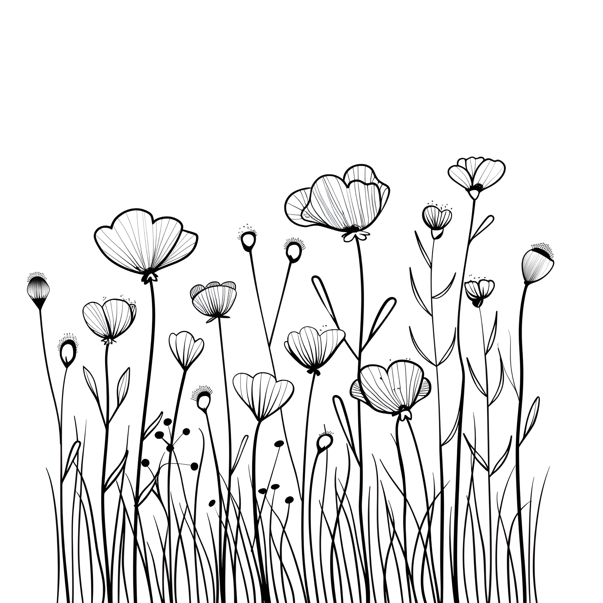 Springtime flowers blossoming in field Drawing Idea (free black-and-white line drawing printable PDF for all, from beginners to advanced learners, including children, teens, adults, and seniors)