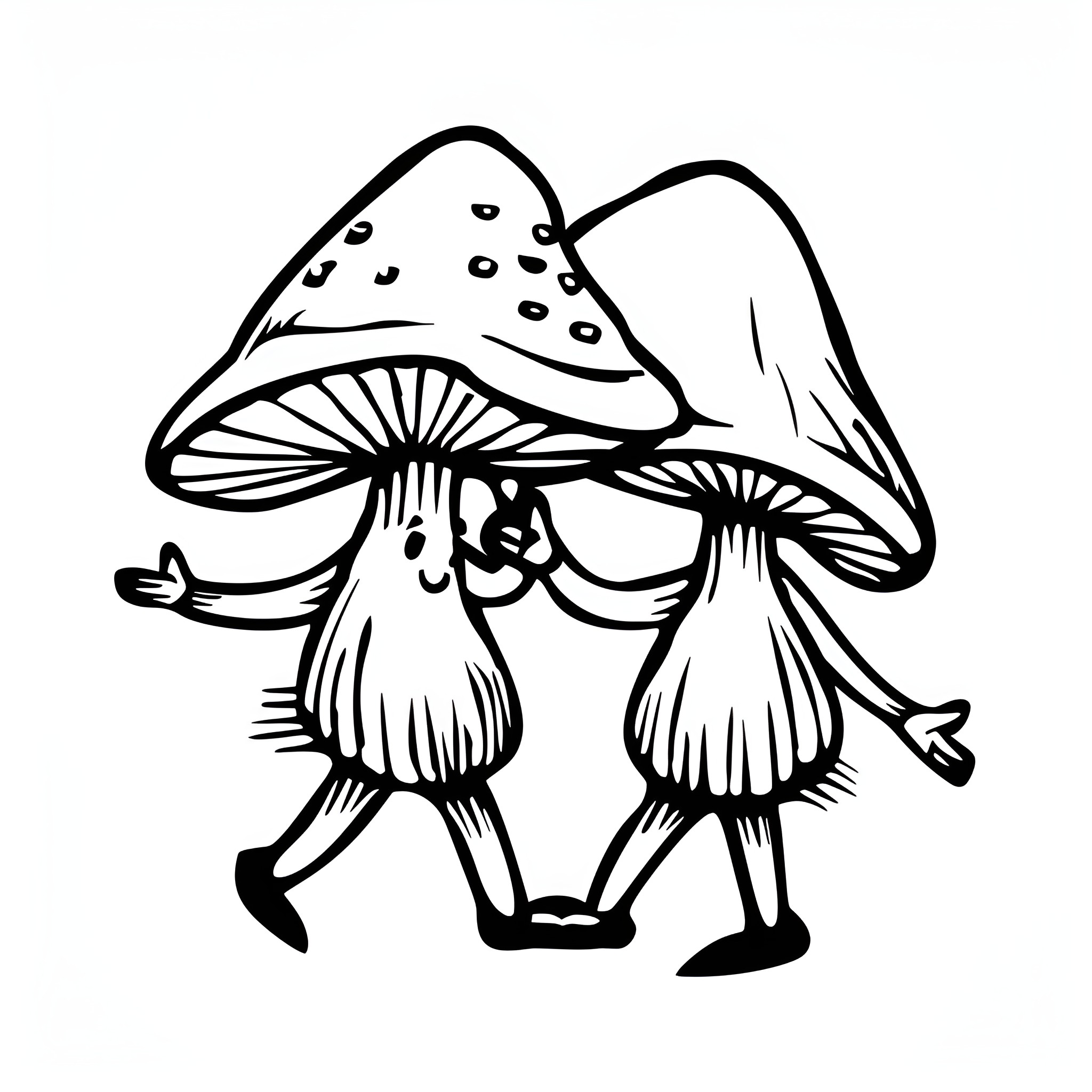 Mushrooms in playful embrace Drawing Idea (free black-and-white line drawing printable PDF for all, from beginners to advanced learners, including children, teens, adults, and seniors)