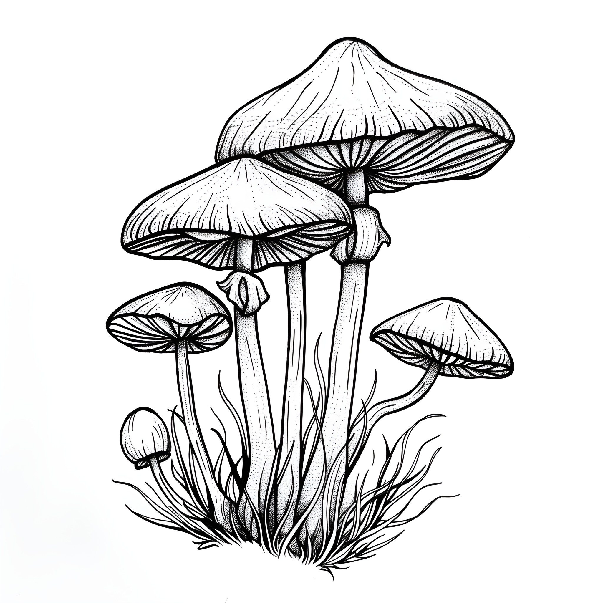 Mushrooms growing whimsically in the wild Drawing Idea (free black-and-white line drawing printable PDF for all, from beginners to advanced learners, including children, teens, adults, and seniors)