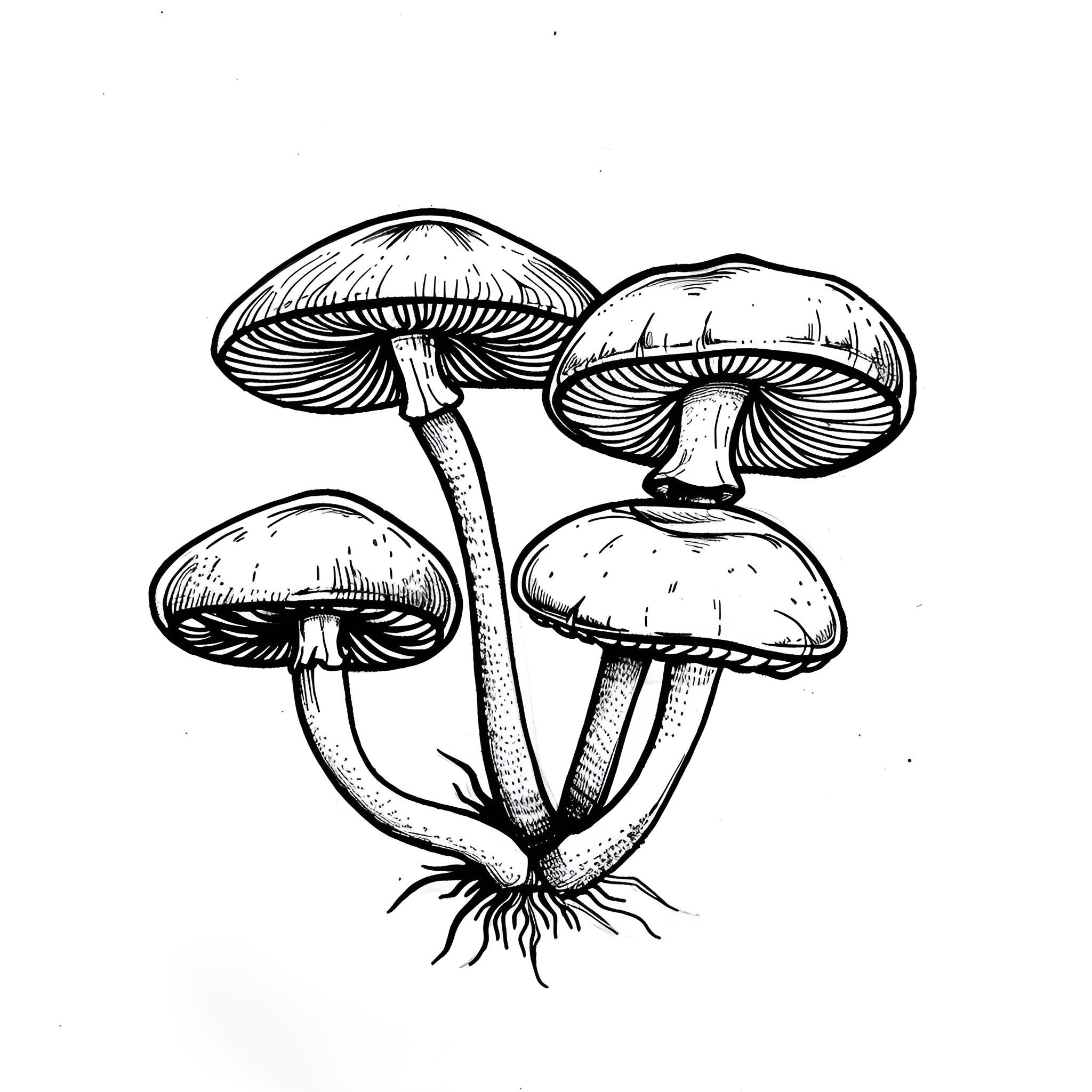 Mushrooms growing together in wilderness Drawing Idea (free black-and-white line drawing printable PDF for all, from beginners to advanced learners, including children, teens, adults, and seniors)