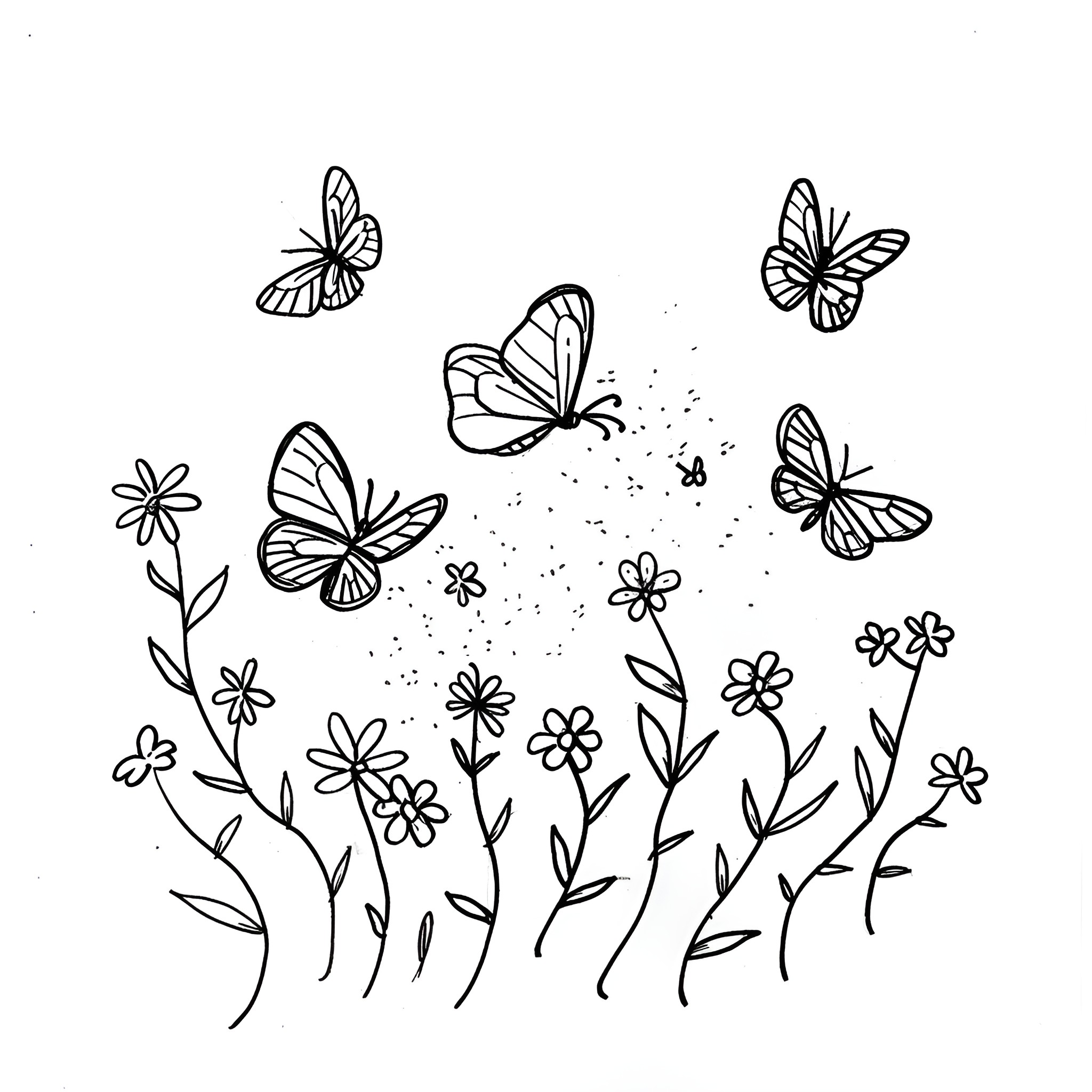 Springtime butterflies and blooming flowers Drawing Idea (free black-and-white line drawing printable PDF for all, from beginners to advanced learners, including children, teens, adults, and seniors)