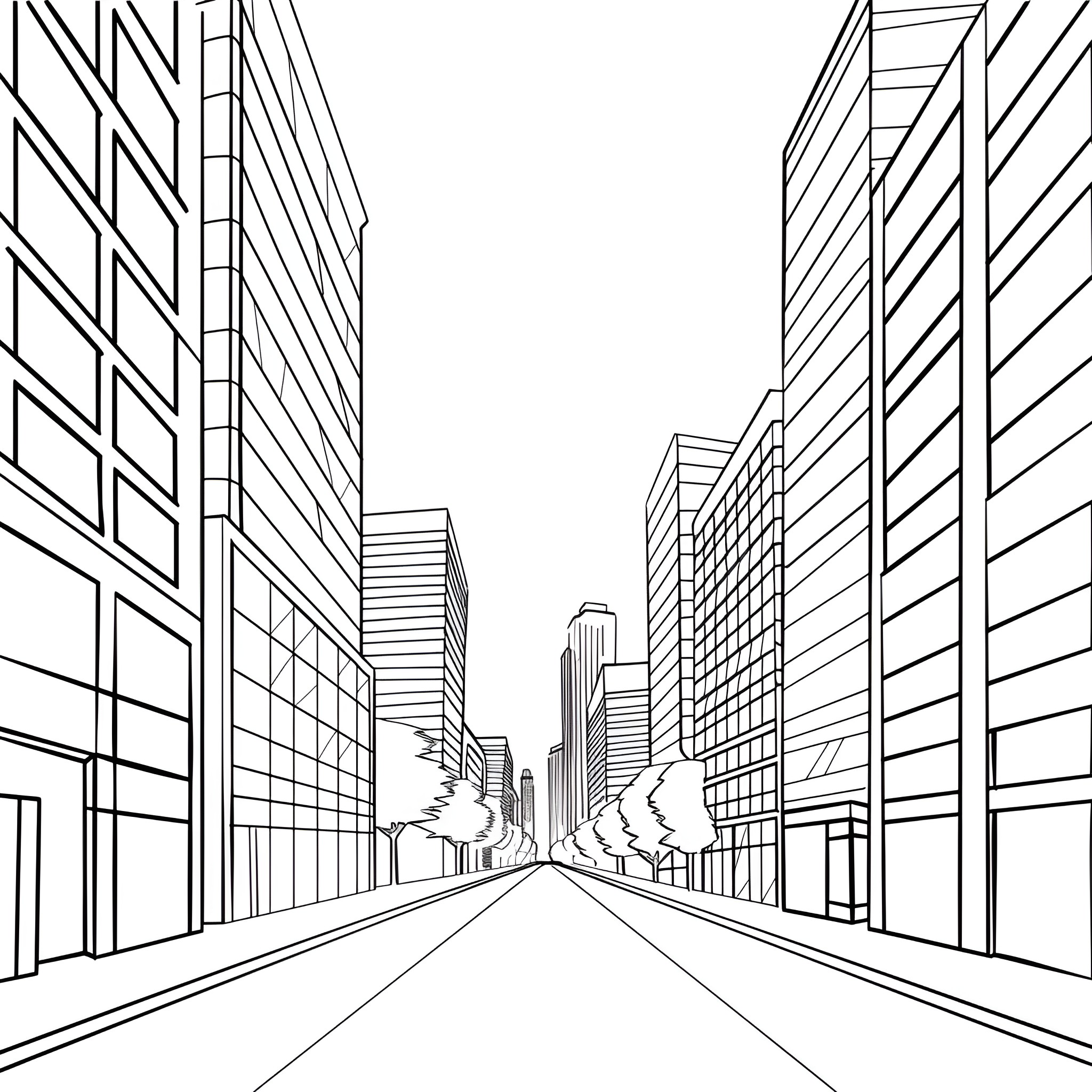 2-Point Perspective City Skyline Drawing Idea (free black-and-white line drawing printable PDF for all, from beginners to advanced learners, including children, teens, adults, and seniors)