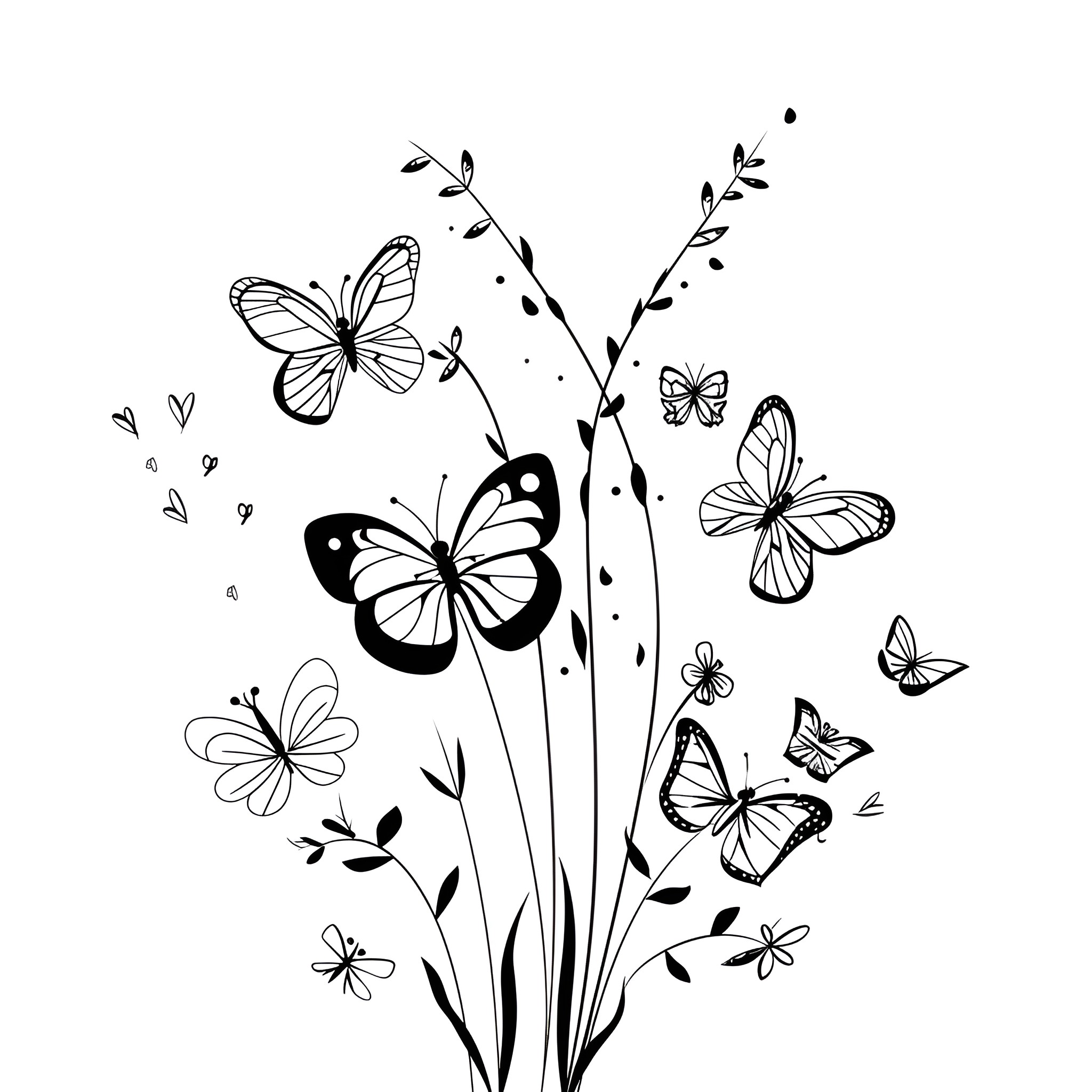 Springtime butterflies and floral blooms Drawing Idea (free black-and-white line drawing printable PDF for all, from beginners to advanced learners, including children, teens, adults, and seniors)