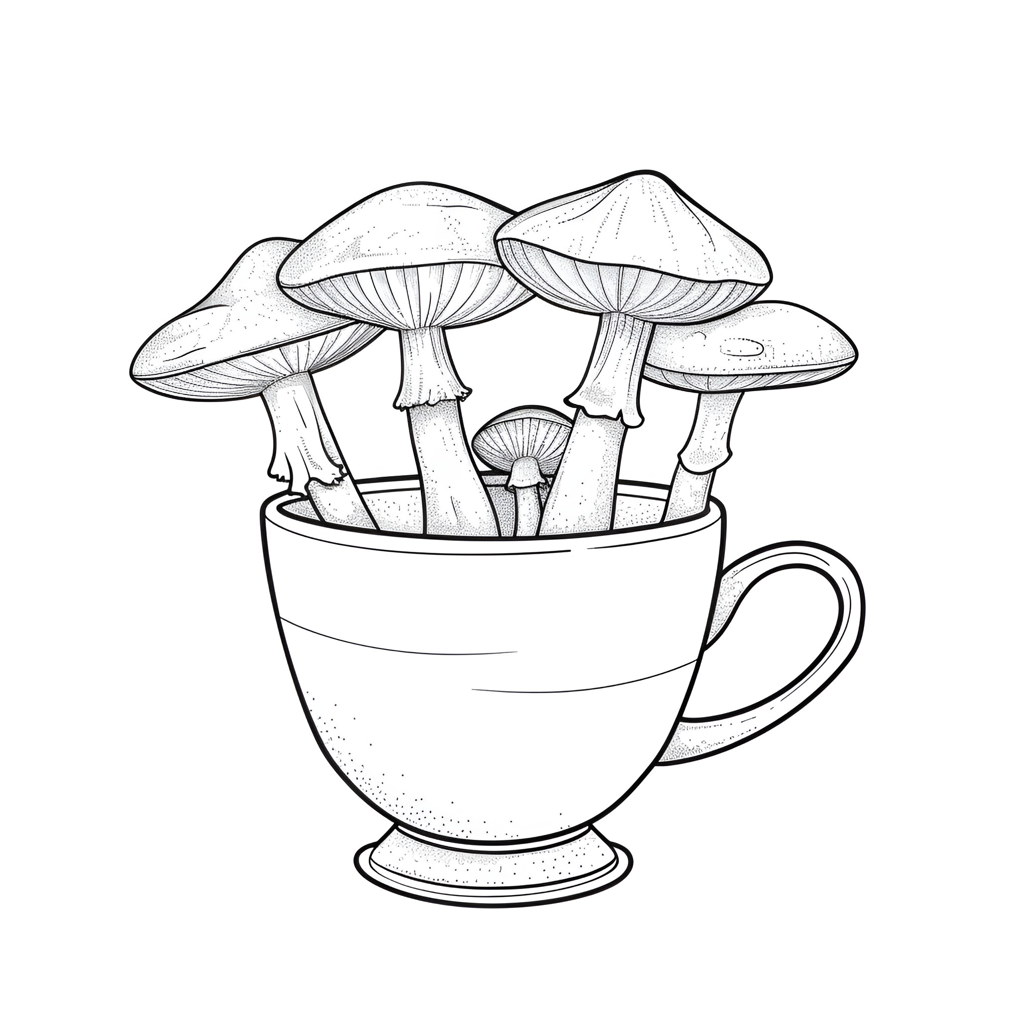 Mushrooms growing in a whimsical teacup Drawing Idea (free black-and-white line drawing printable PDF for all, from beginners to advanced learners, including children, teens, adults, and seniors)