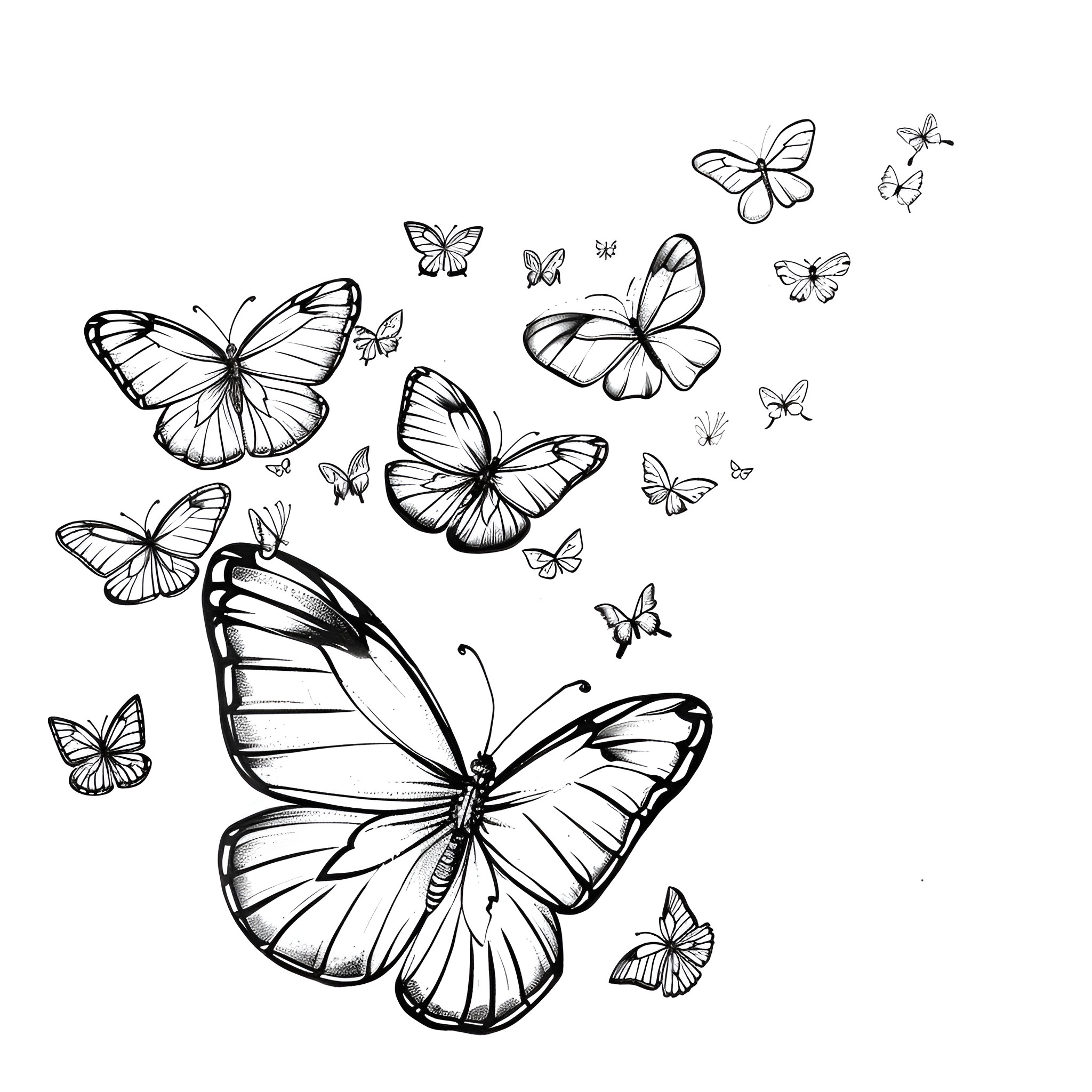Springtime butterflies in flight Drawing Idea (free black-and-white line drawing printable PDF for all, from beginners to advanced learners, including children, teens, adults, and seniors)