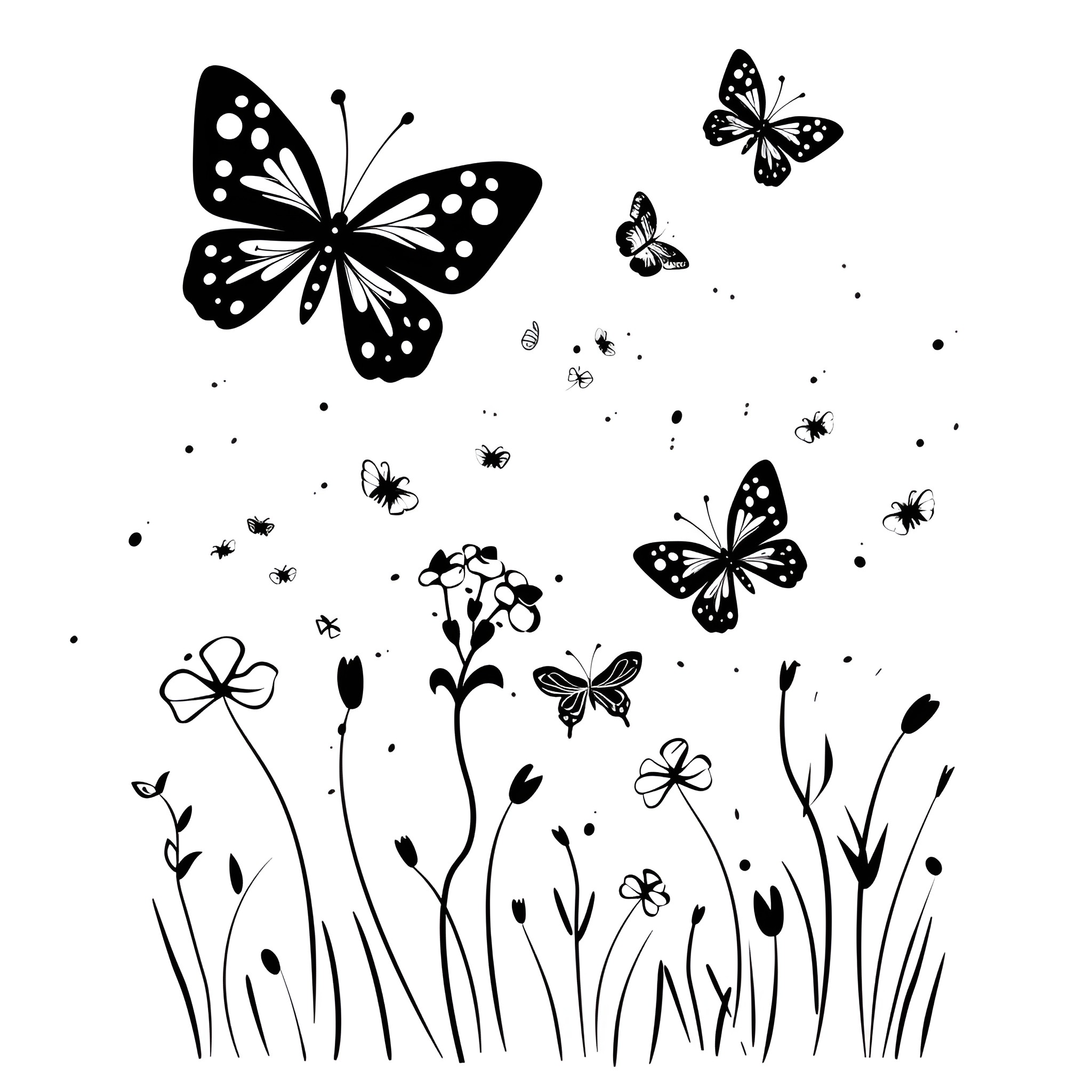 Springtime butterflies and blooming flowers Drawing Idea (free black-and-white line drawing printable PDF for all, from beginners to advanced learners, including children, teens, adults, and seniors)