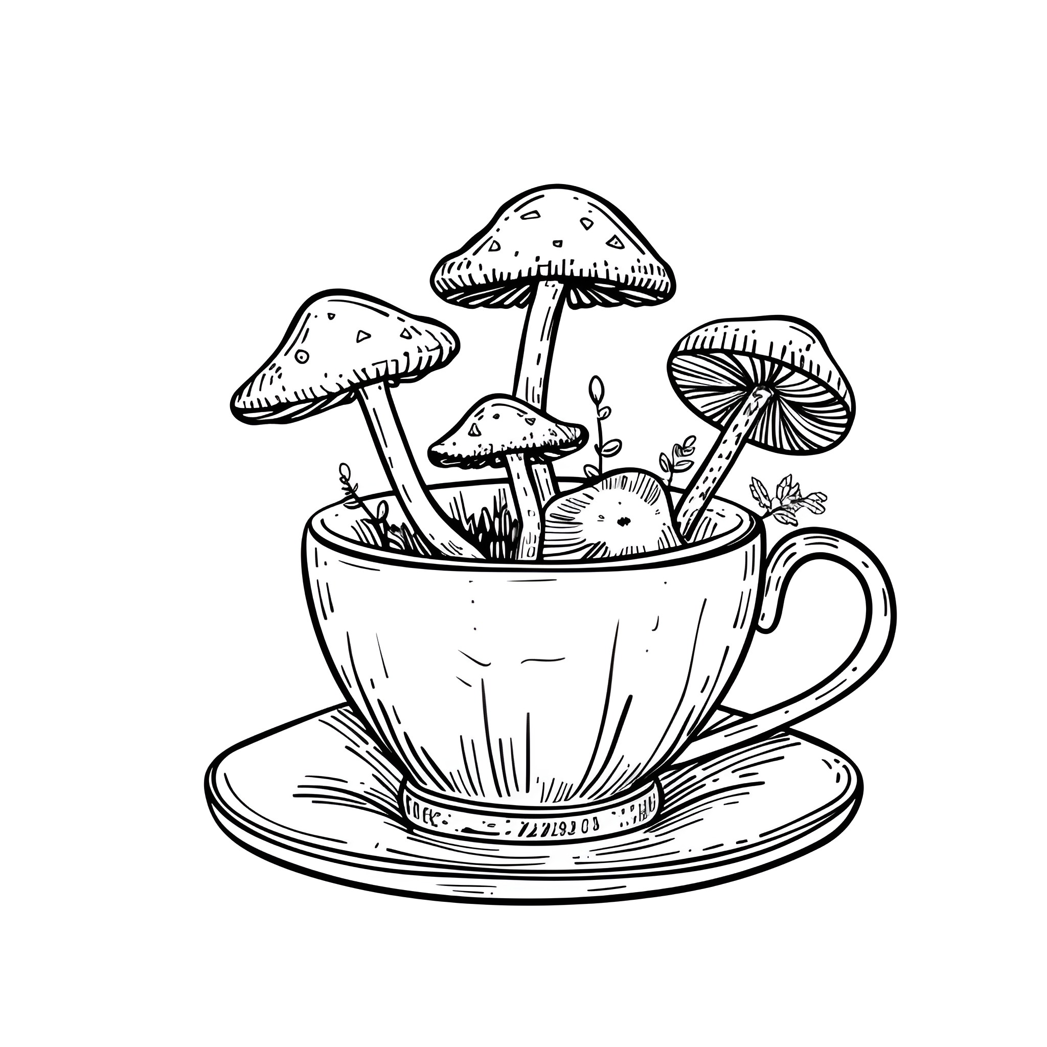 Mushrooms growing in a whimsical teacup Drawing Idea (free black-and-white line drawing printable PDF for all, from beginners to advanced learners, including children, teens, adults, and seniors)
