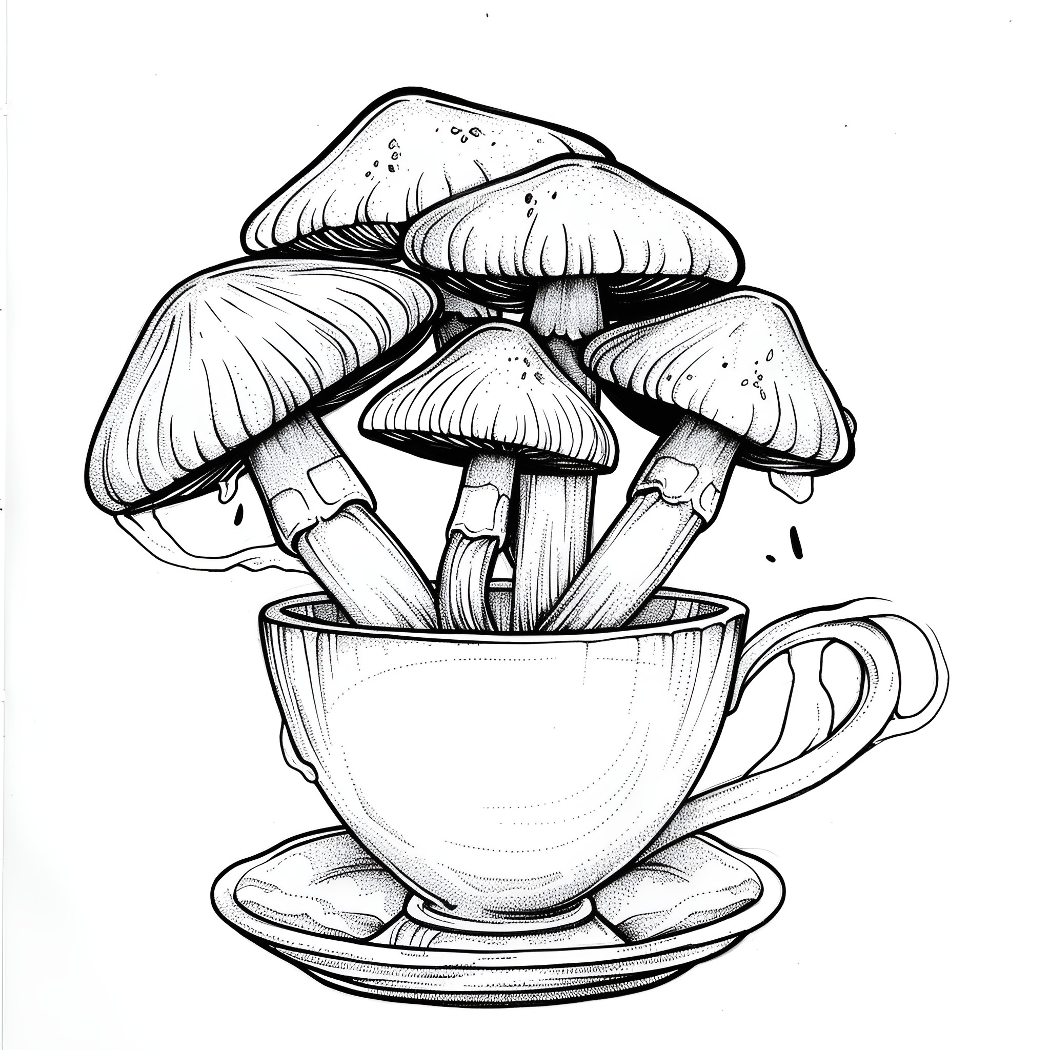 Mushrooms dancing in a teacup Drawing Idea (free black-and-white line drawing printable PDF for all, from beginners to advanced learners, including children, teens, adults, and seniors)