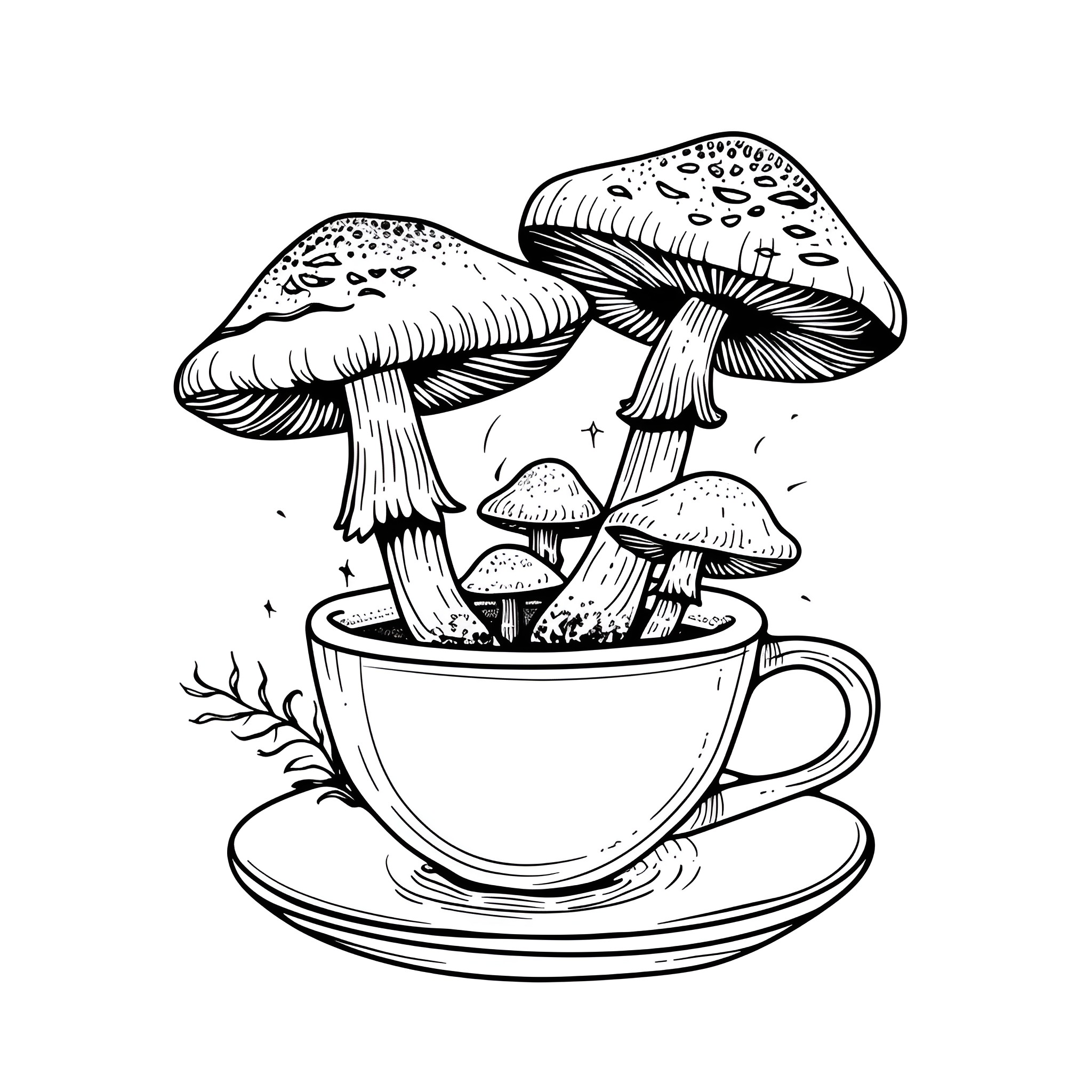 Mushrooms growing in a teacup Drawing Idea (free black-and-white line drawing printable PDF for all, from beginners to advanced learners, including children, teens, adults, and seniors)