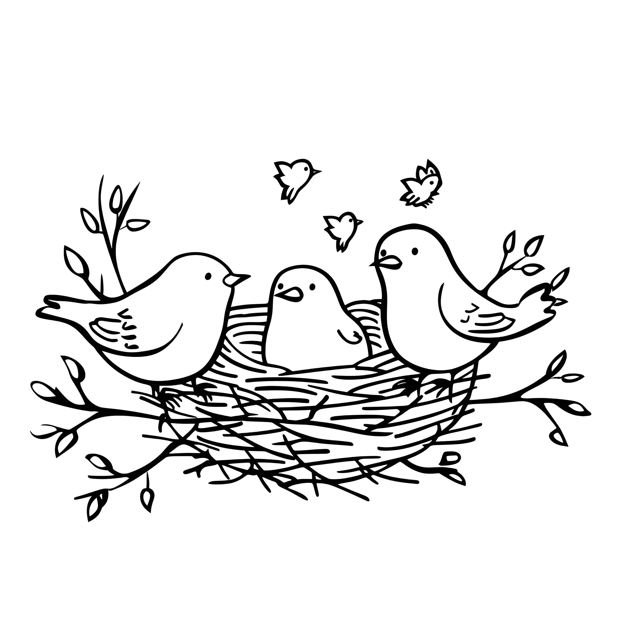 Springtime birds nesting in a branch Drawing Idea (free black-and-white line drawing printable PDF for all, from beginners to advanced learners, including children, teens, adults, and seniors)