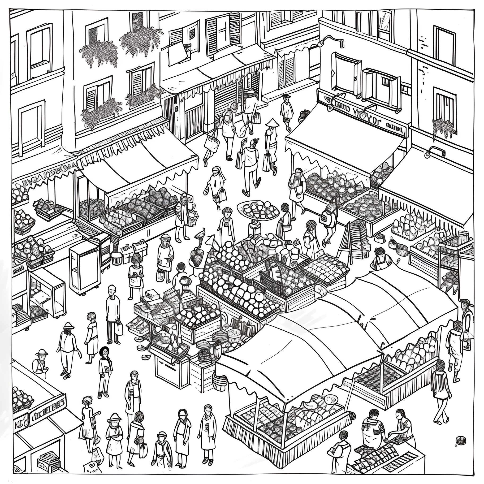 2-Point Perspective Bustling Outdoor Marketplace Drawing Idea (free black-and-white line drawing printable PDF for all, from beginners to advanced learners, including children, teens, adults, and seniors)
