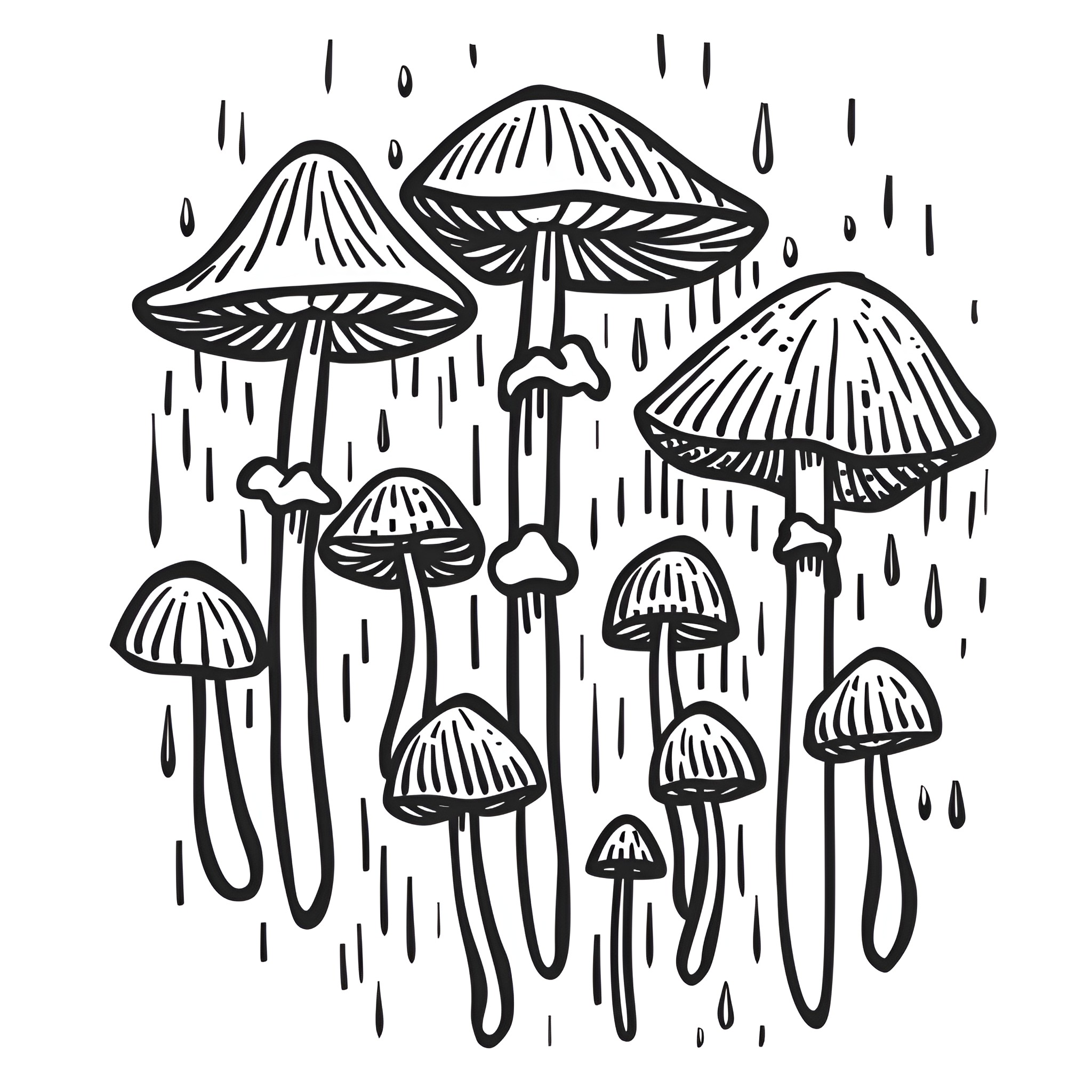 Mushrooms growing in the rain Drawing Idea (free black-and-white line drawing printable PDF for all, from beginners to advanced learners, including children, teens, adults, and seniors)