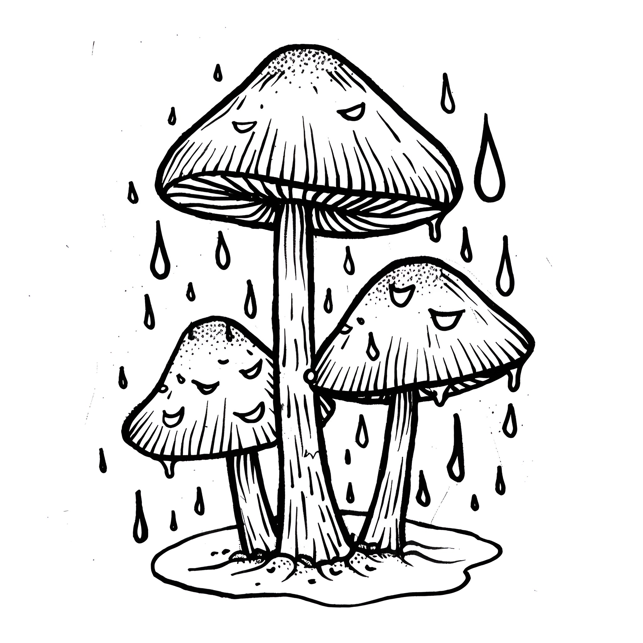 Mushrooms sheltering from the rain Drawing Idea (free black-and-white line drawing printable PDF for all, from beginners to advanced learners, including children, teens, adults, and seniors)
