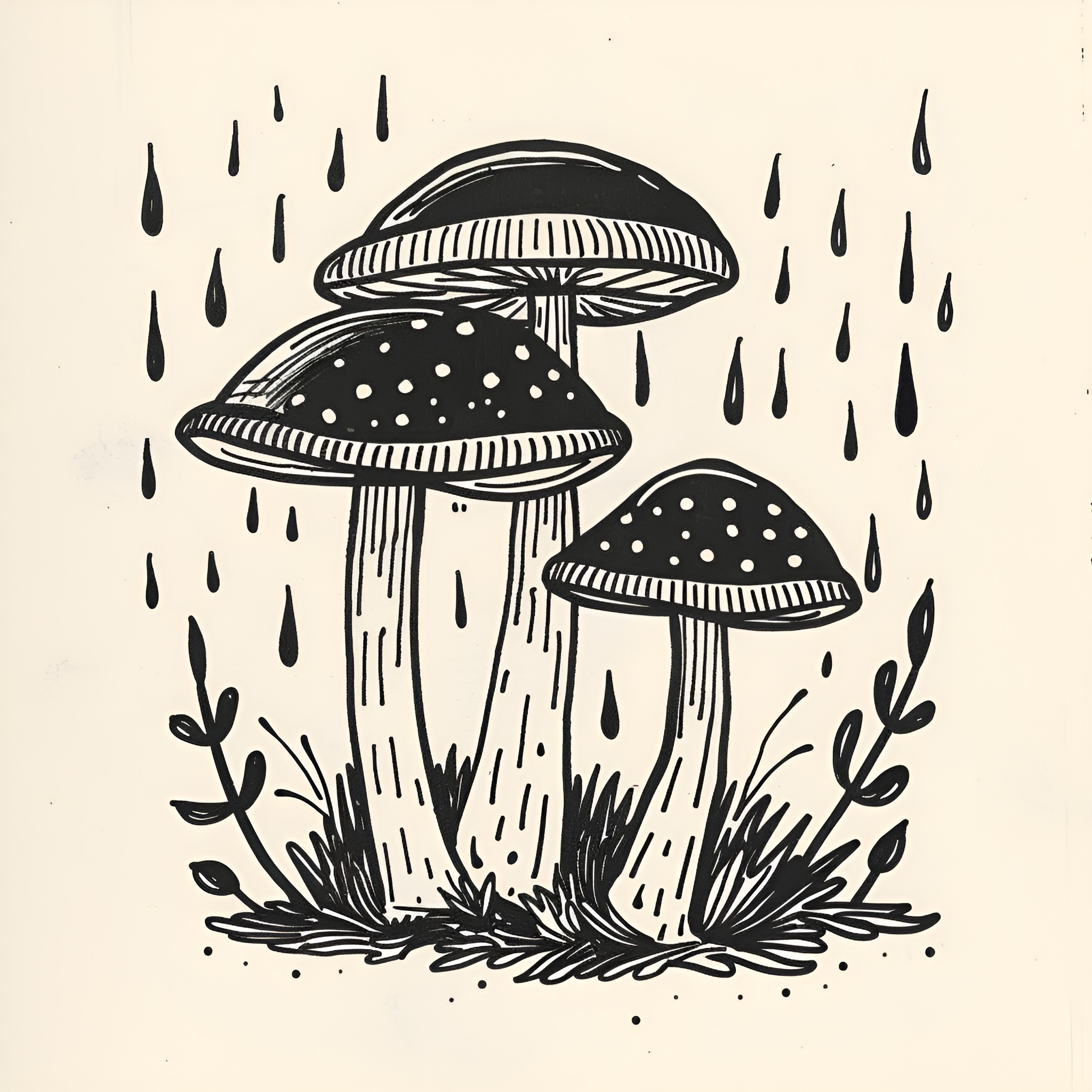 Mushrooms sheltering in the rain Drawing Idea (free black-and-white line drawing printable PDF for all, from beginners to advanced learners, including children, teens, adults, and seniors)