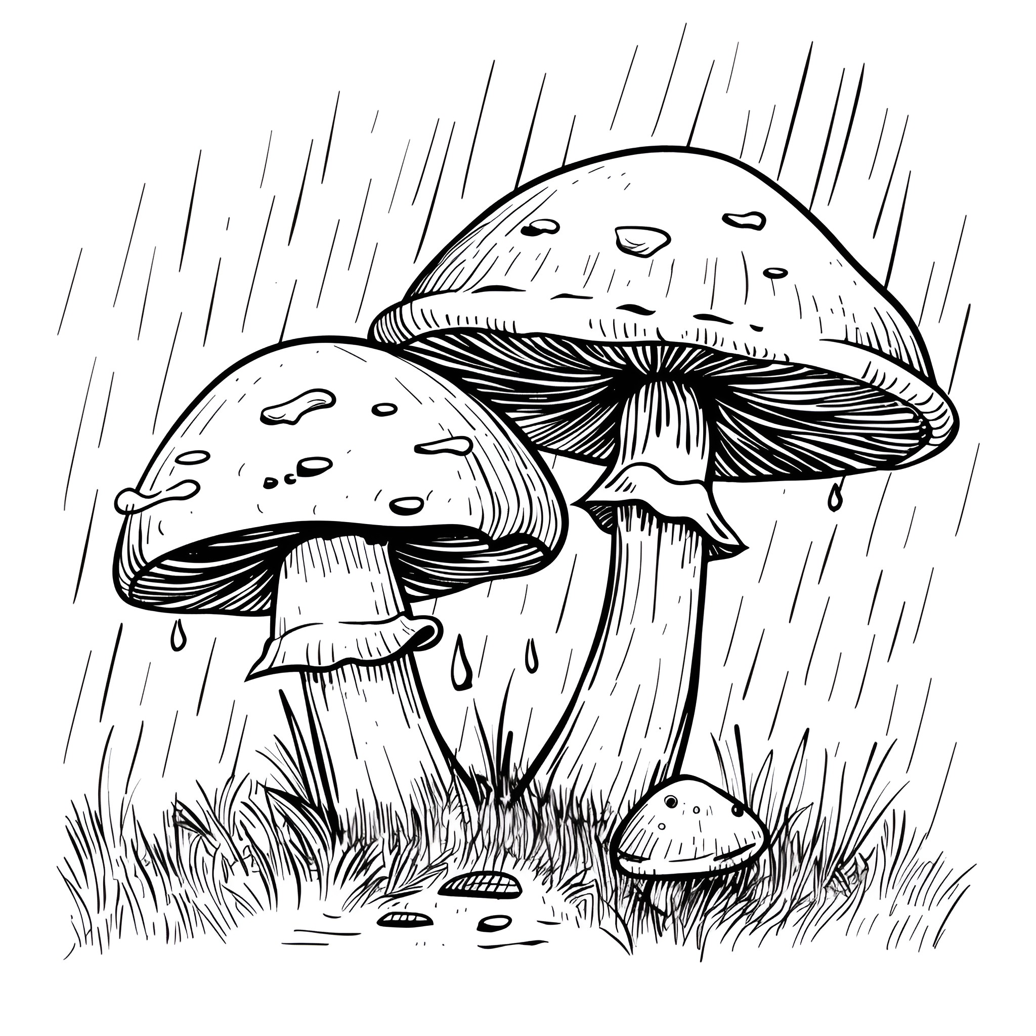 Mushrooms sheltering from the rain Drawing Idea (free black-and-white line drawing printable PDF for all, from beginners to advanced learners, including children, teens, adults, and seniors)