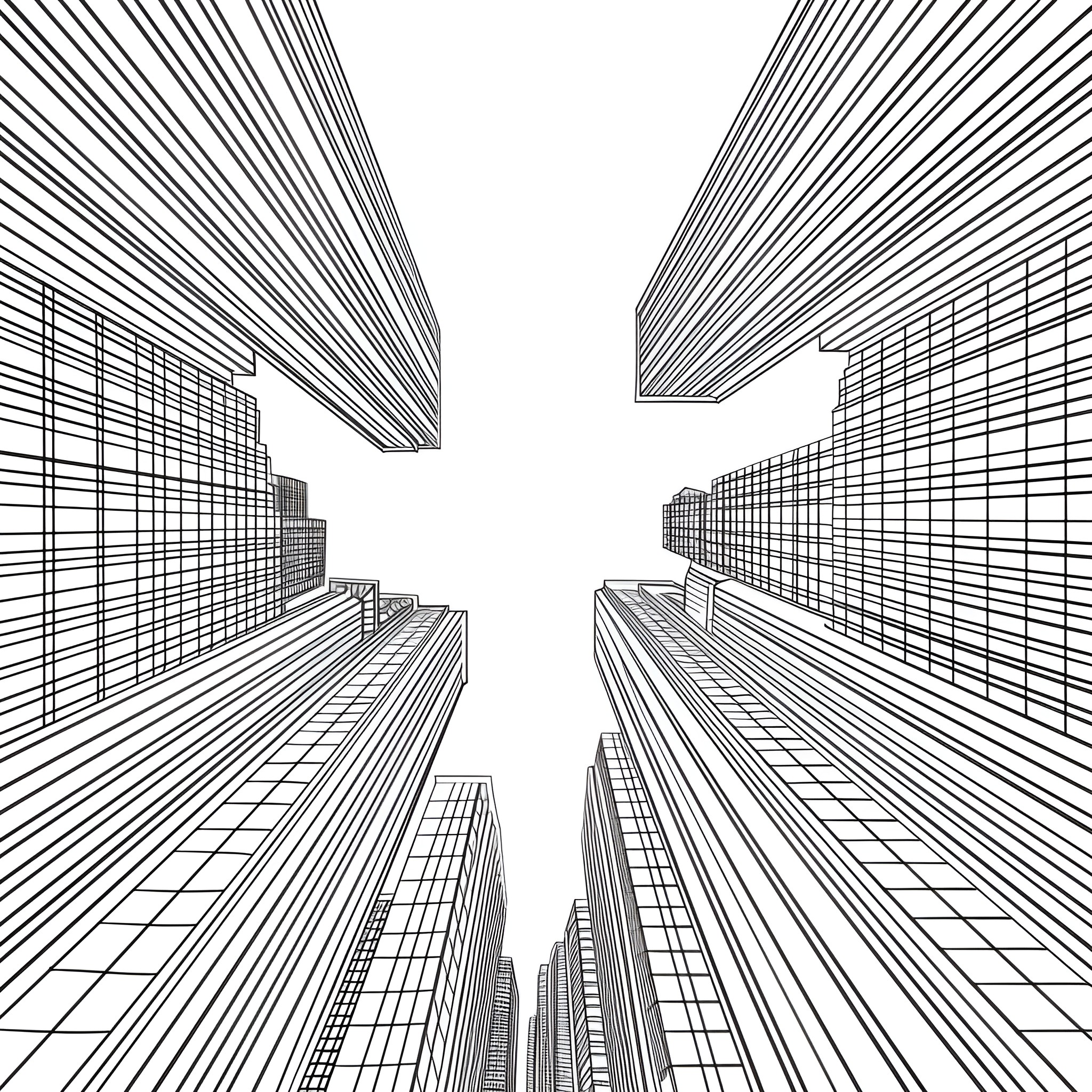 2-Point Perspective Skyscraper Cityscape Drawing Idea (free black-and-white line drawing printable PDF for all, from beginners to advanced learners, including children, teens, adults, and seniors)