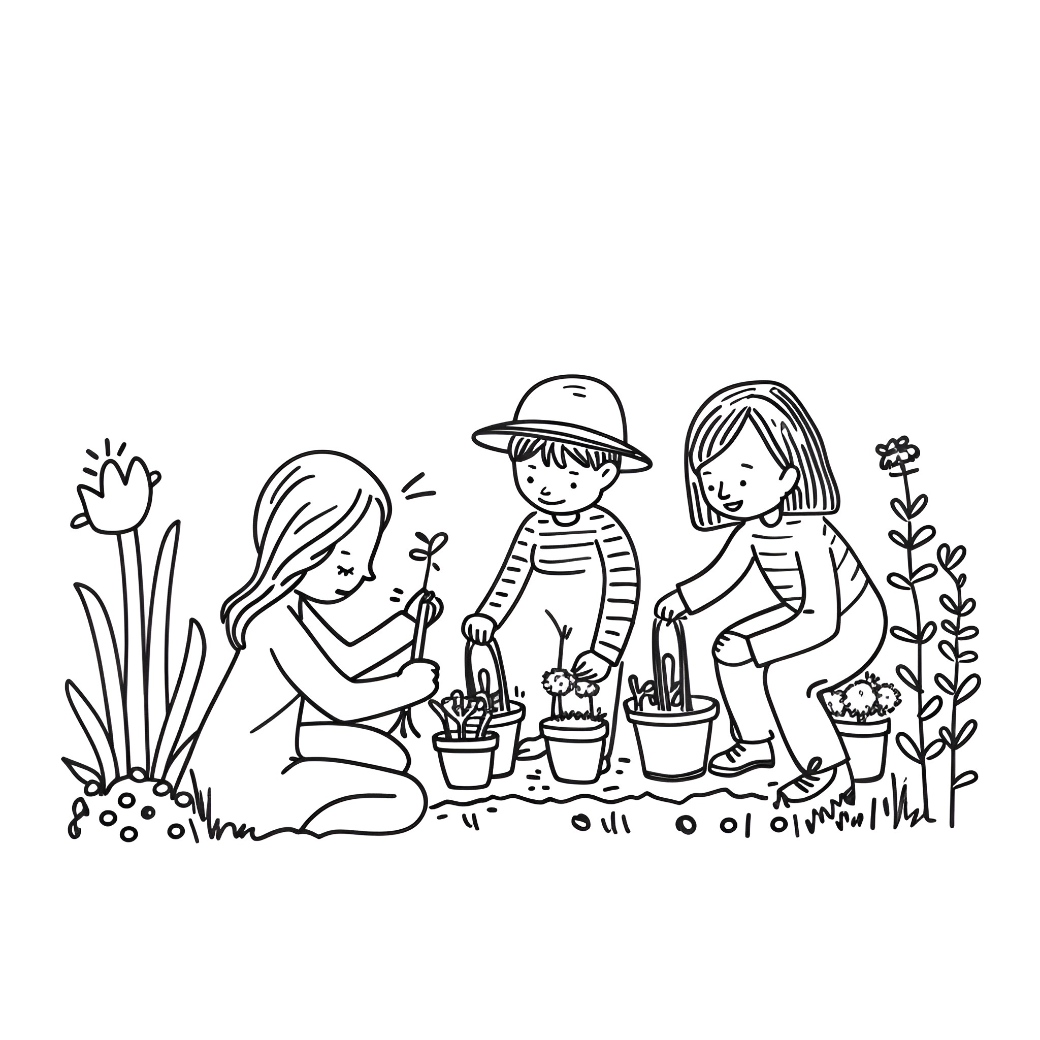 Springtime friends planting flowers together Drawing Idea (free black-and-white line drawing printable PDF for all, from beginners to advanced learners, including children, teens, adults, and seniors)