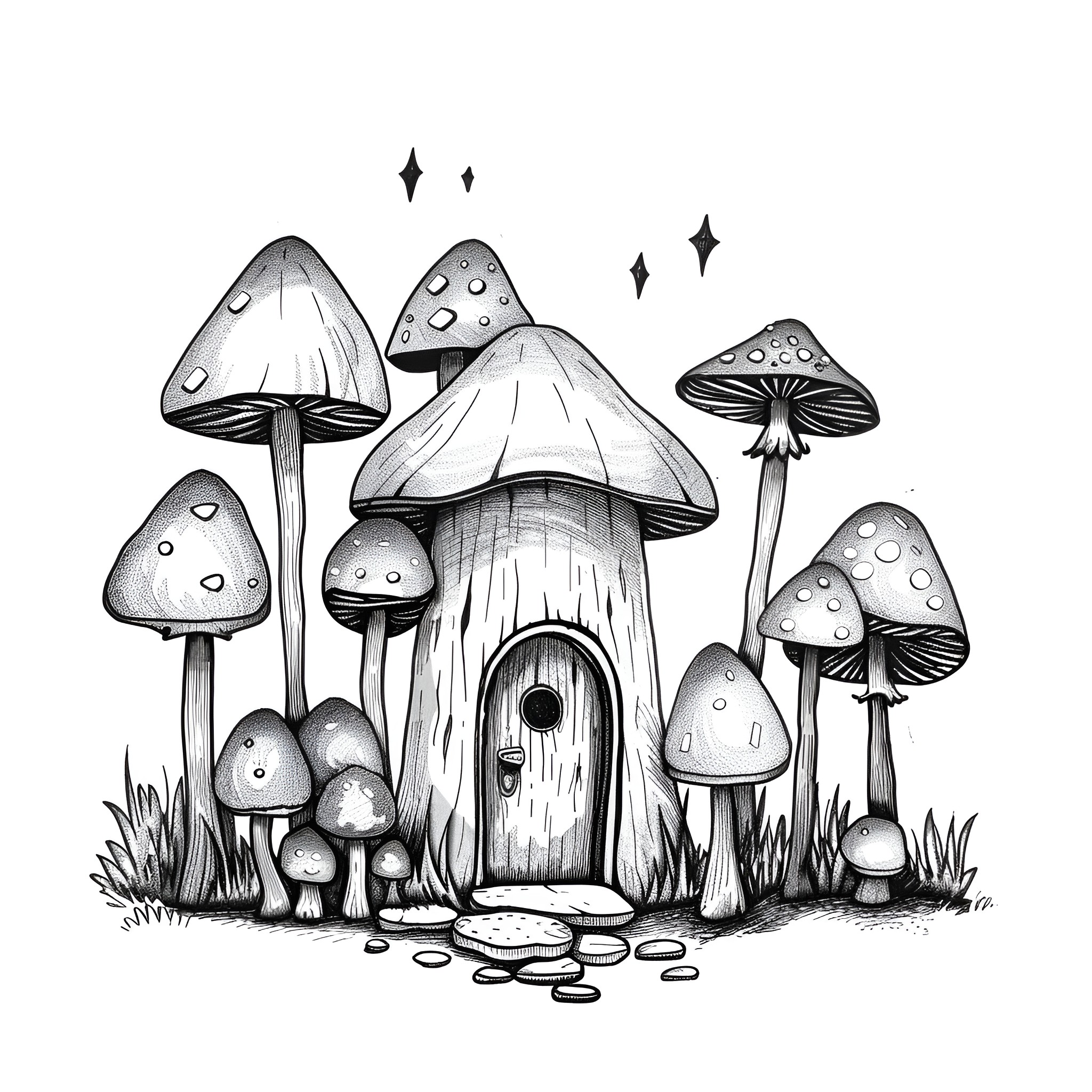 Mushrooms growing in whimsical forest scene Drawing Idea (free black-and-white line drawing printable PDF for all, from beginners to advanced learners, including children, teens, adults, and seniors)