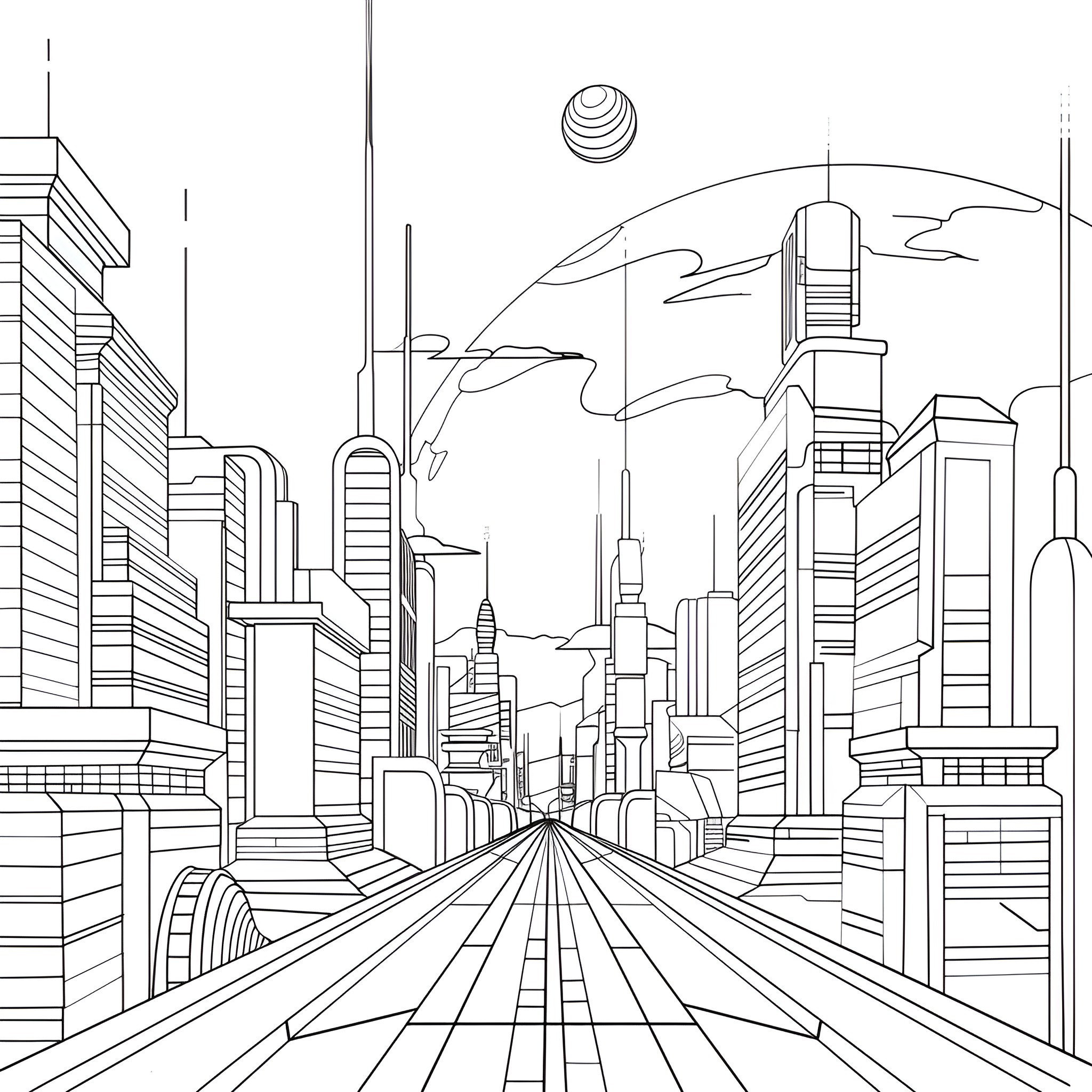 2-Point Perspective City Skyline Drawing Idea (free black-and-white line drawing printable PDF for all, from beginners to advanced learners, including children, teens, adults, and seniors)