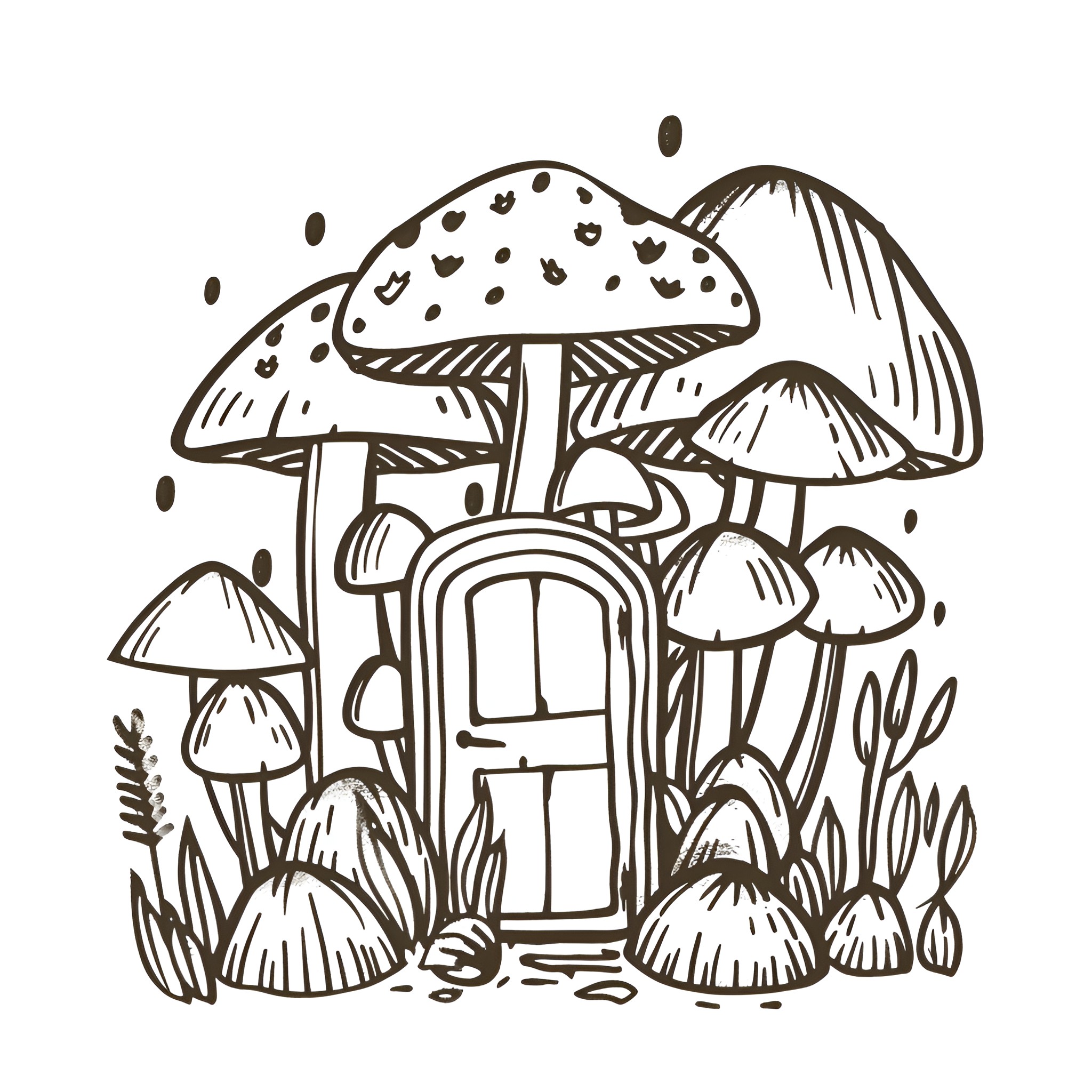 Mushrooms in whimsical woodland scene Drawing Idea (free black-and-white line drawing printable PDF for all, from beginners to advanced learners, including children, teens, adults, and seniors)