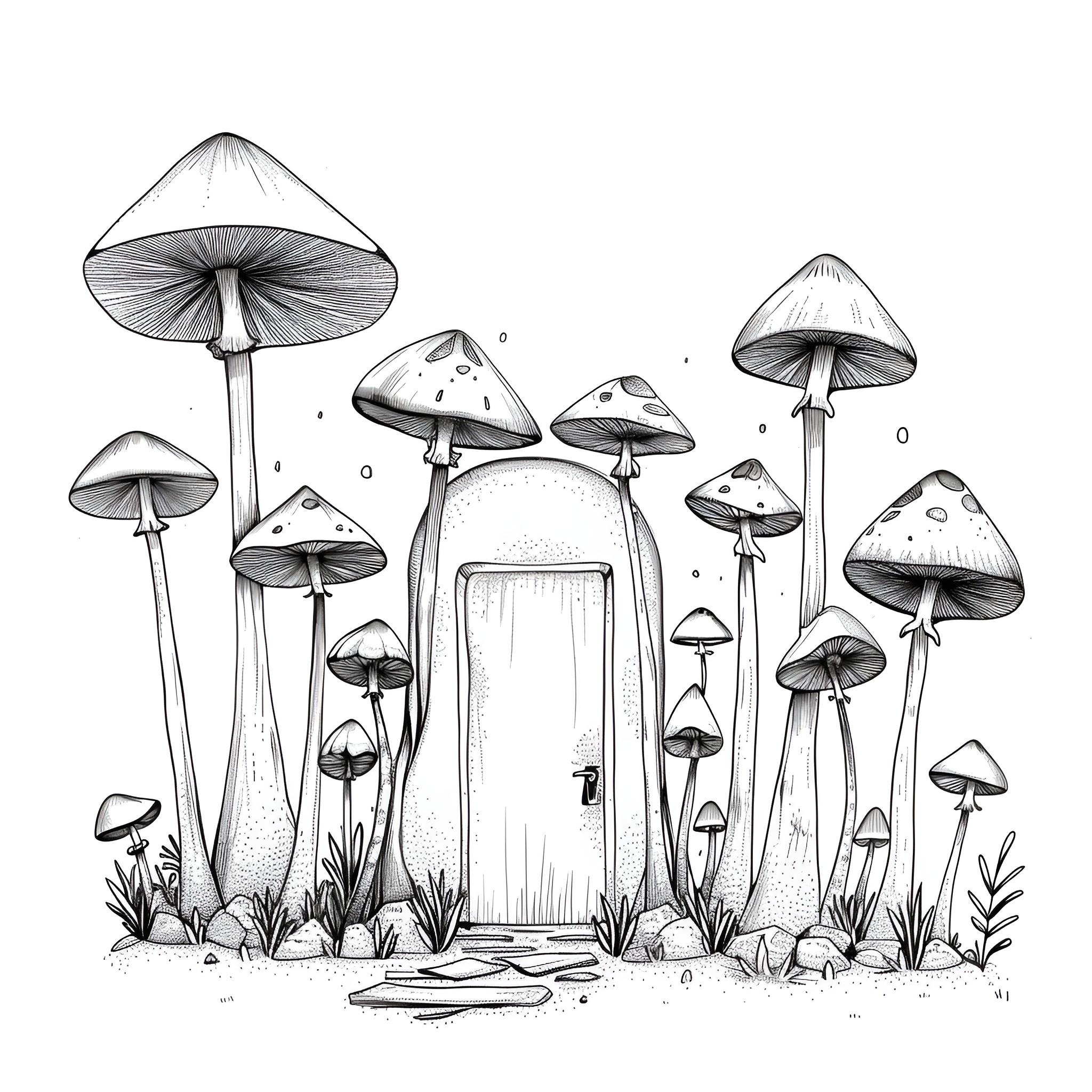 Mushrooms growing in a whimsical forest scene Drawing Idea (free black-and-white line drawing printable PDF for all, from beginners to advanced learners, including children, teens, adults, and seniors)