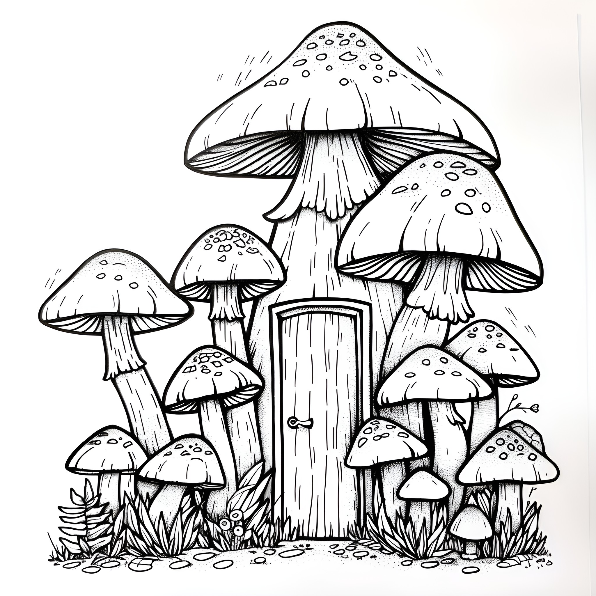 Mushrooms in a whimsical forest scene Drawing Idea (free black-and-white line drawing printable PDF for all, from beginners to advanced learners, including children, teens, adults, and seniors)