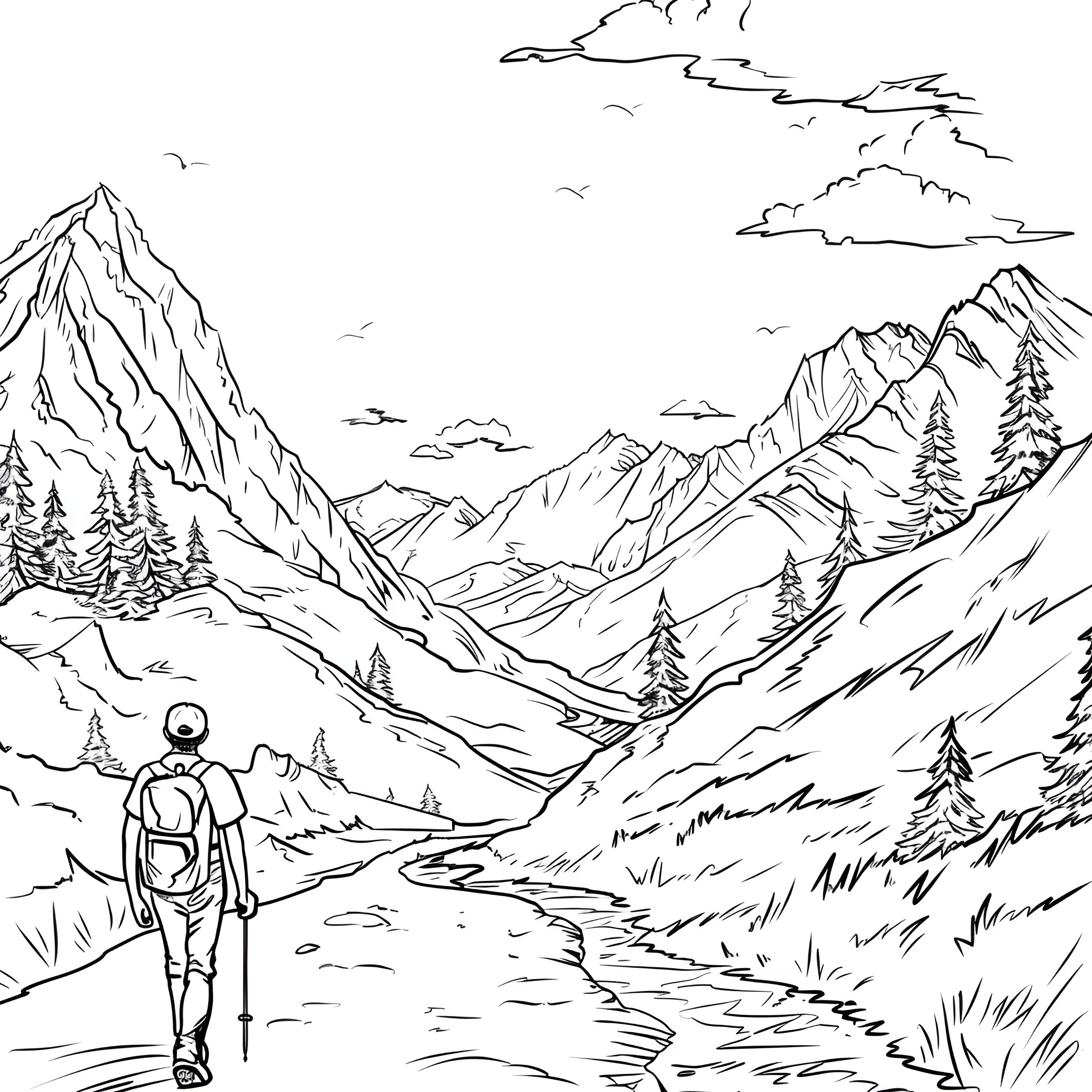 Springtime hiker enjoying scenic mountain landscape Drawing Idea (free black-and-white line drawing printable PDF for all, from beginners to advanced learners, including children, teens, adults, and seniors)