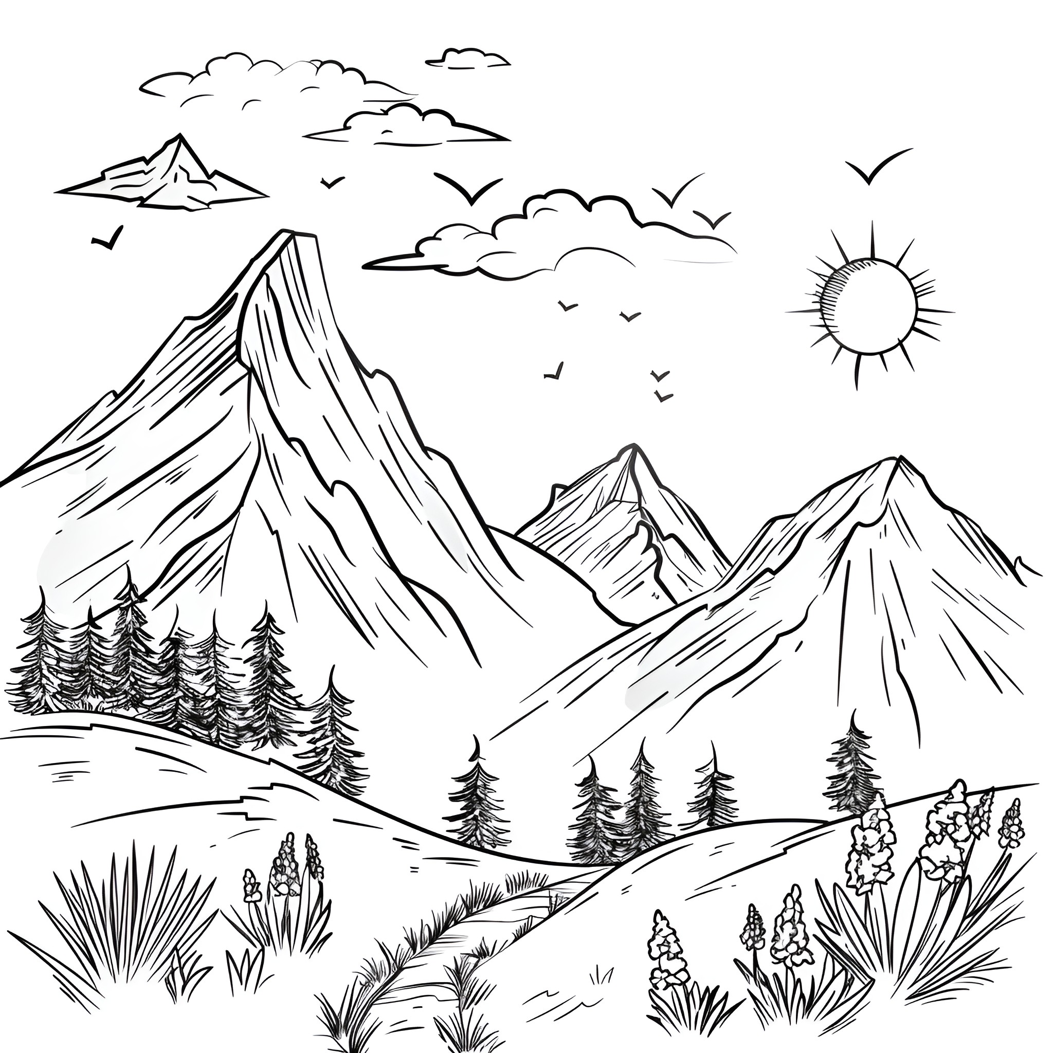 Springtime mountain landscape with wildlife Drawing Idea (free black-and-white line drawing printable PDF for all, from beginners to advanced learners, including children, teens, adults, and seniors)