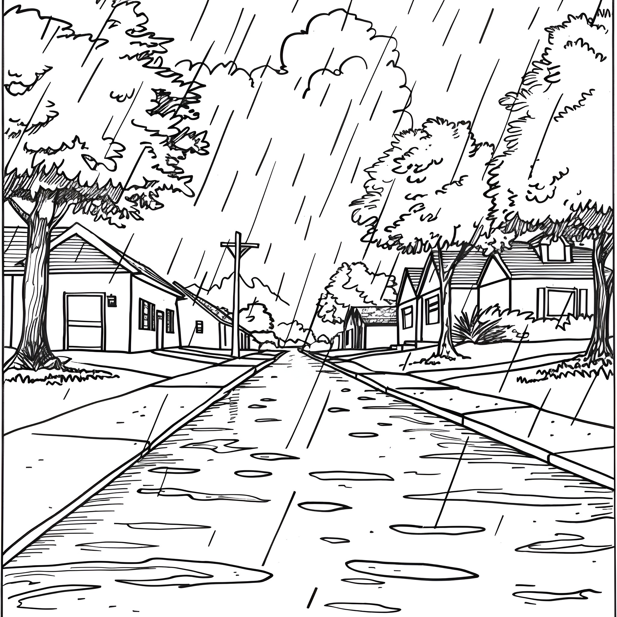 2-Point Perspective Rainy Day Neighborhood Scene Drawing Idea (free black-and-white line drawing printable PDF for all, from beginners to advanced learners, including children, teens, adults, and seniors)