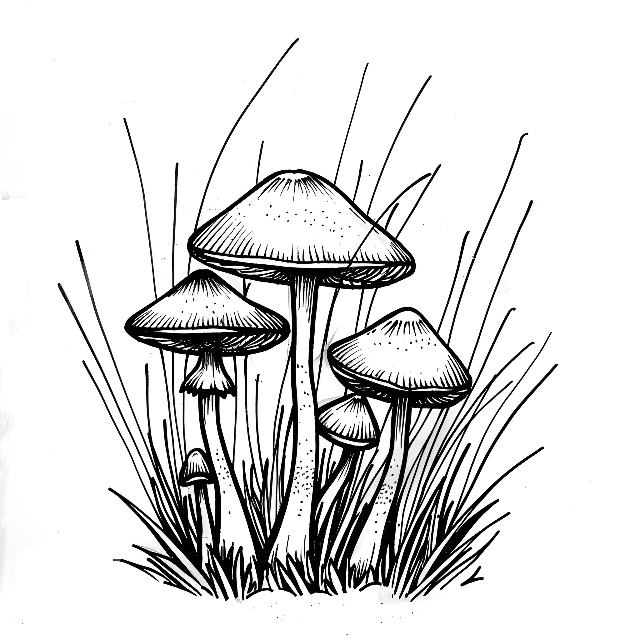 Mushrooms sprouting in the grass Drawing Idea (free black-and-white line drawing printable PDF for all, from beginners to advanced learners, including children, teens, adults, and seniors)
