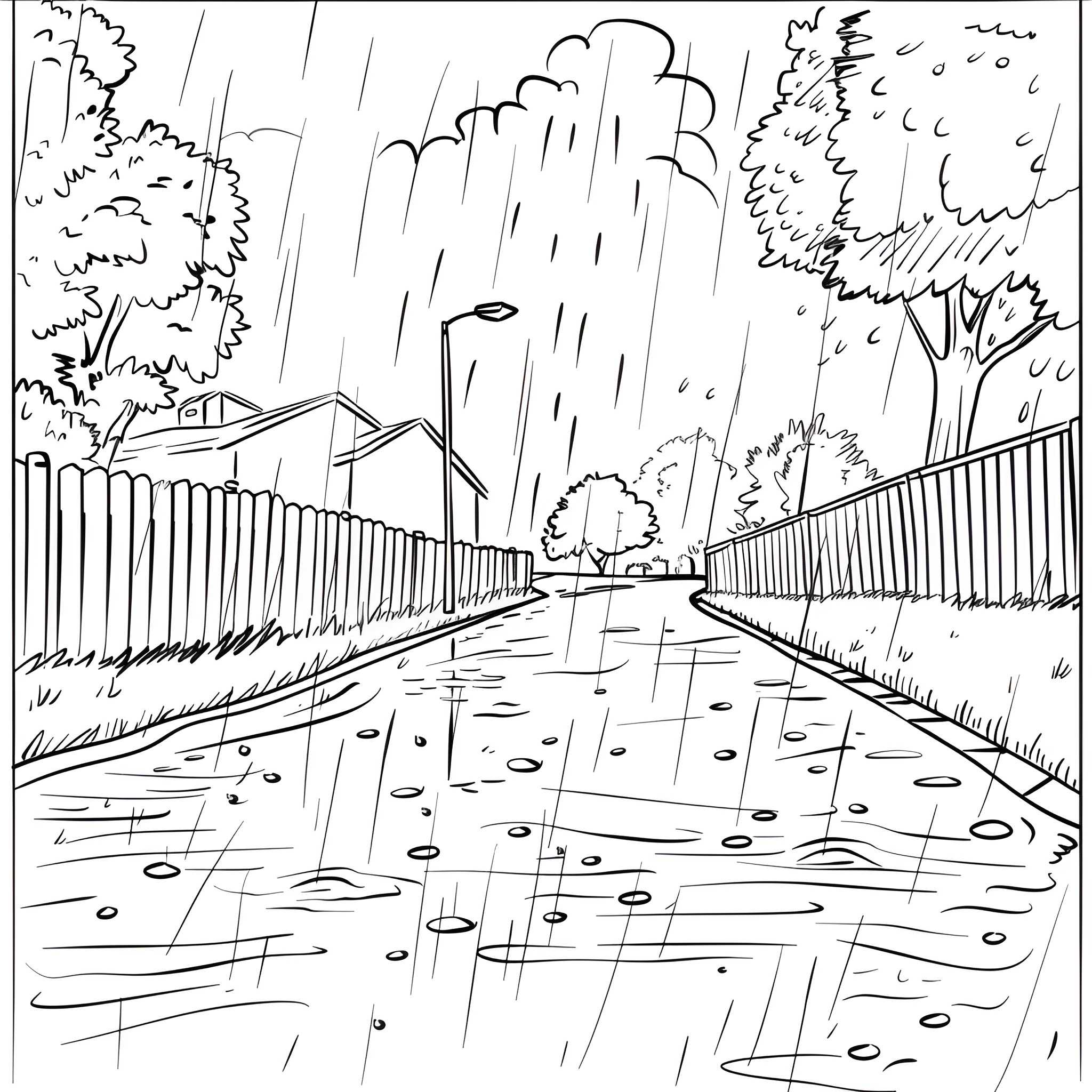 2-Point Perspective Rainy Day Neighborhood Landscape Drawing Idea (free black-and-white line drawing printable PDF for all, from beginners to advanced learners, including children, teens, adults, and seniors)
