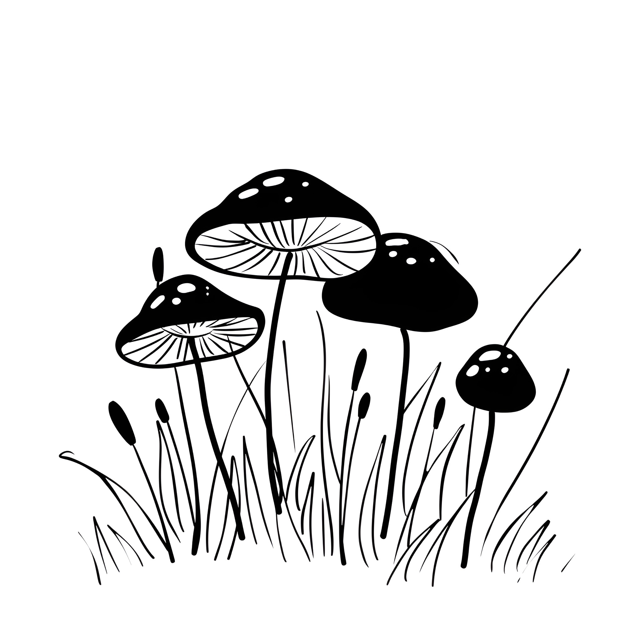 Mushrooms growing playfully in the forest Drawing Idea (free black-and-white line drawing printable PDF for all, from beginners to advanced learners, including children, teens, adults, and seniors)