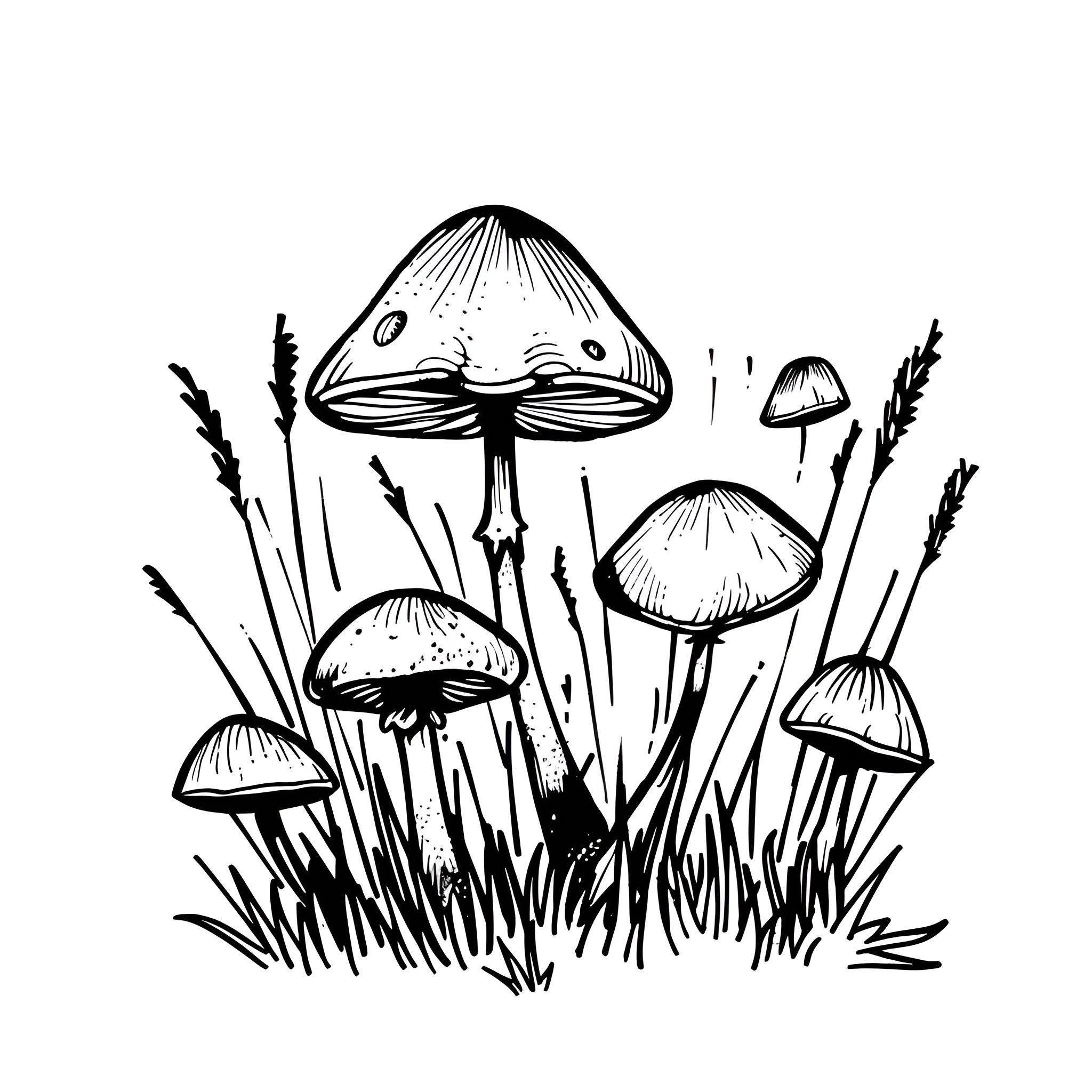 Mushrooms growing in a whimsical forest Drawing Idea (free black-and-white line drawing printable PDF for all, from beginners to advanced learners, including children, teens, adults, and seniors)