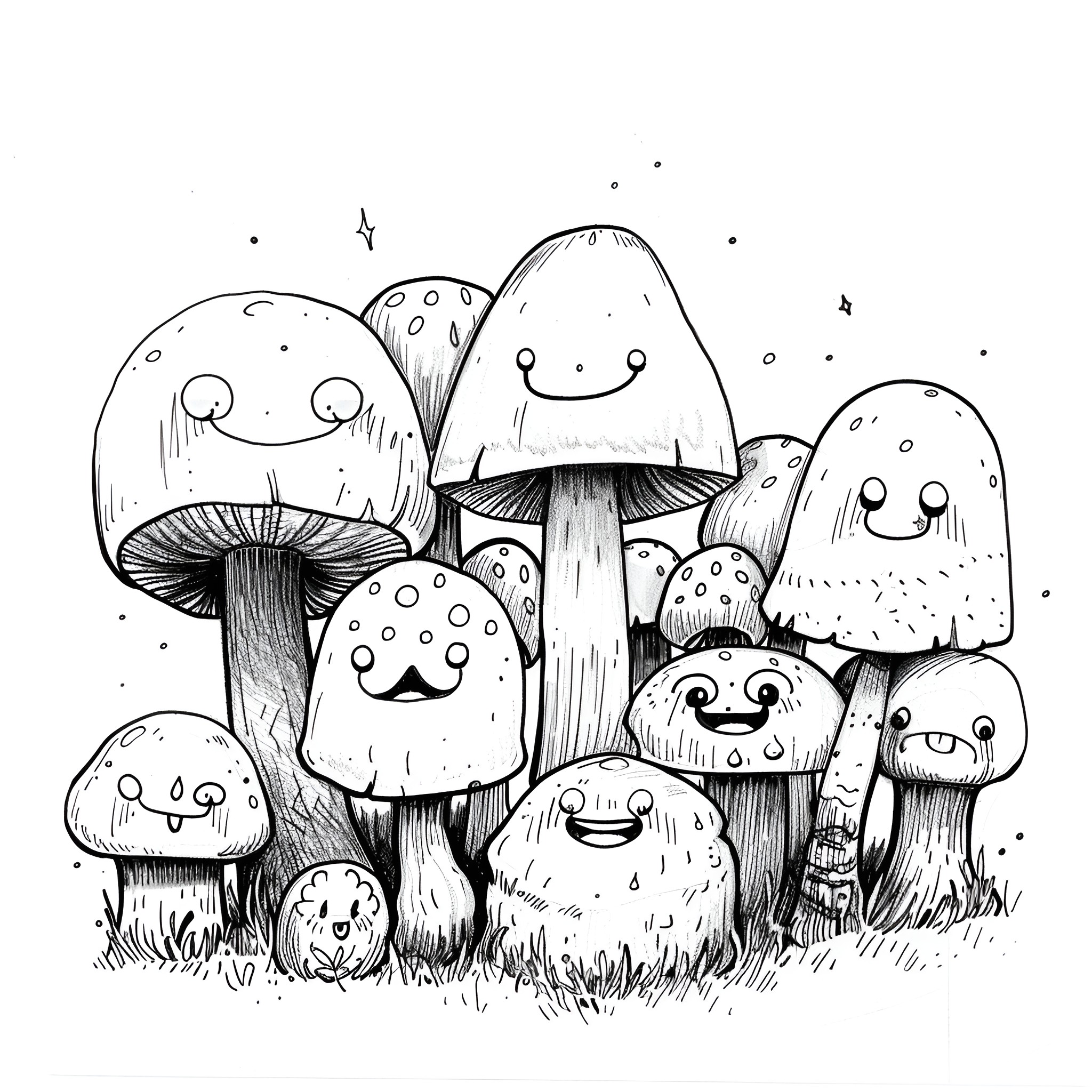 Mushrooms with joyful expressions Drawing Idea (free black-and-white line drawing printable PDF for all, from beginners to advanced learners, including children, teens, adults, and seniors)