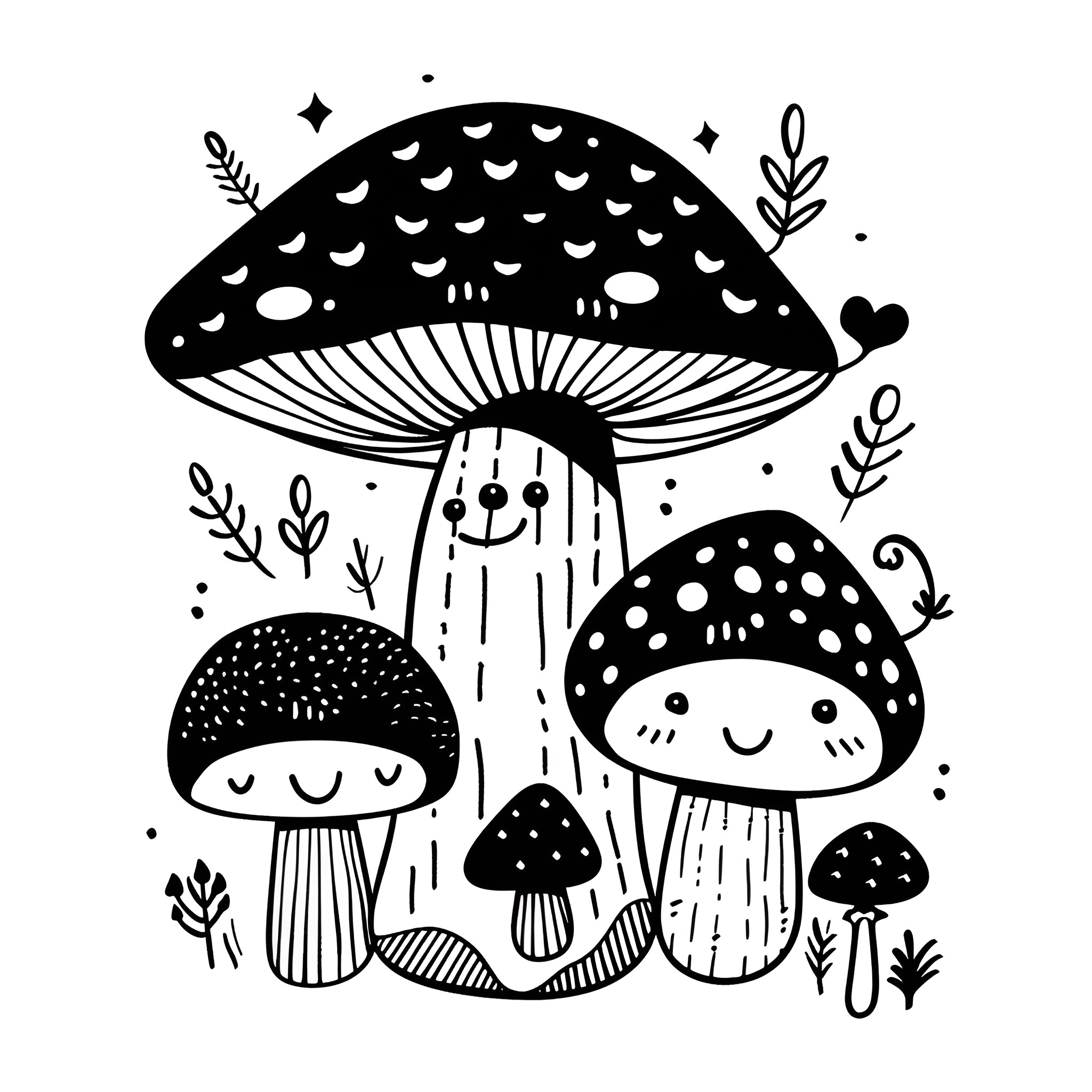 Mushrooms with whimsical expressions Drawing Idea (free black-and-white line drawing printable PDF for all, from beginners to advanced learners, including children, teens, adults, and seniors)