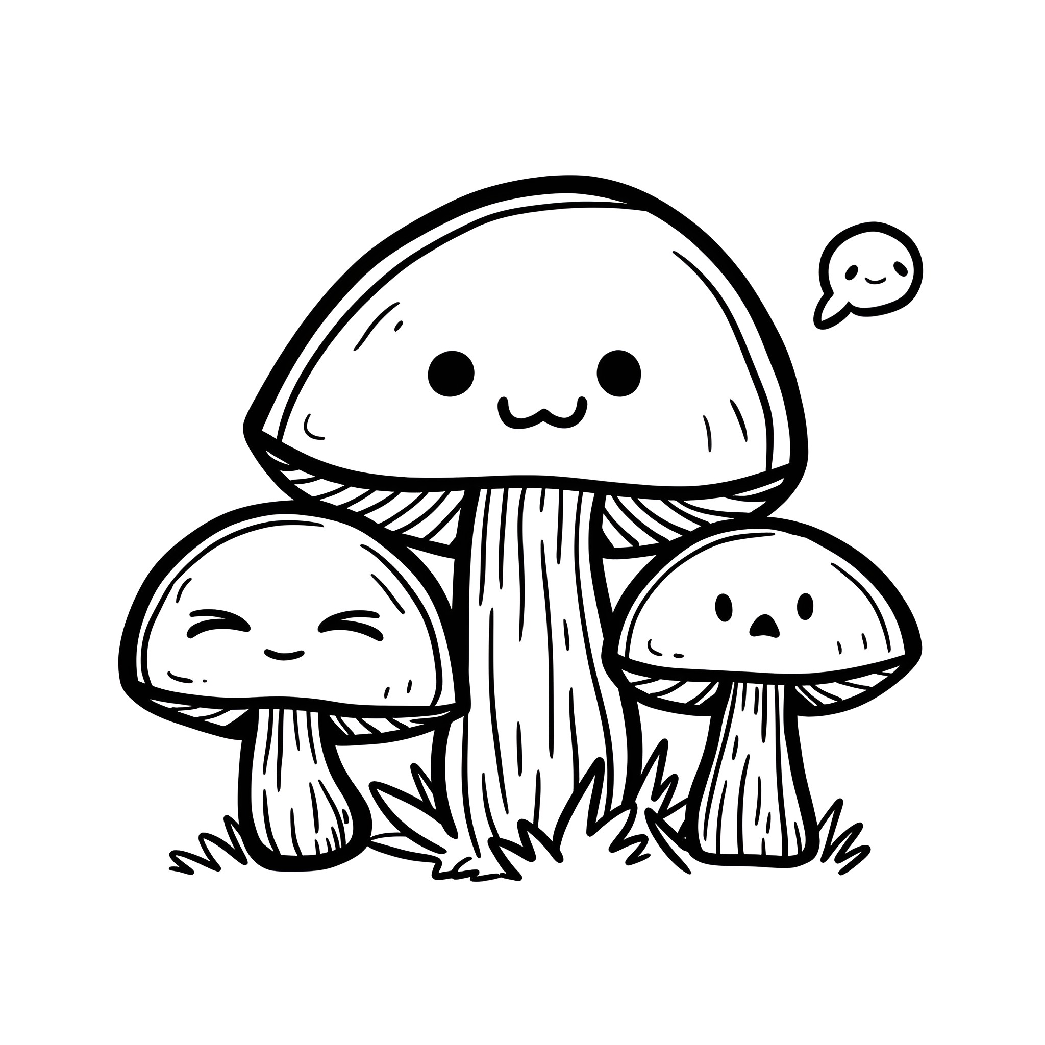 Mushrooms with happy expressions Drawing Idea (free black-and-white line drawing printable PDF for all, from beginners to advanced learners, including children, teens, adults, and seniors)