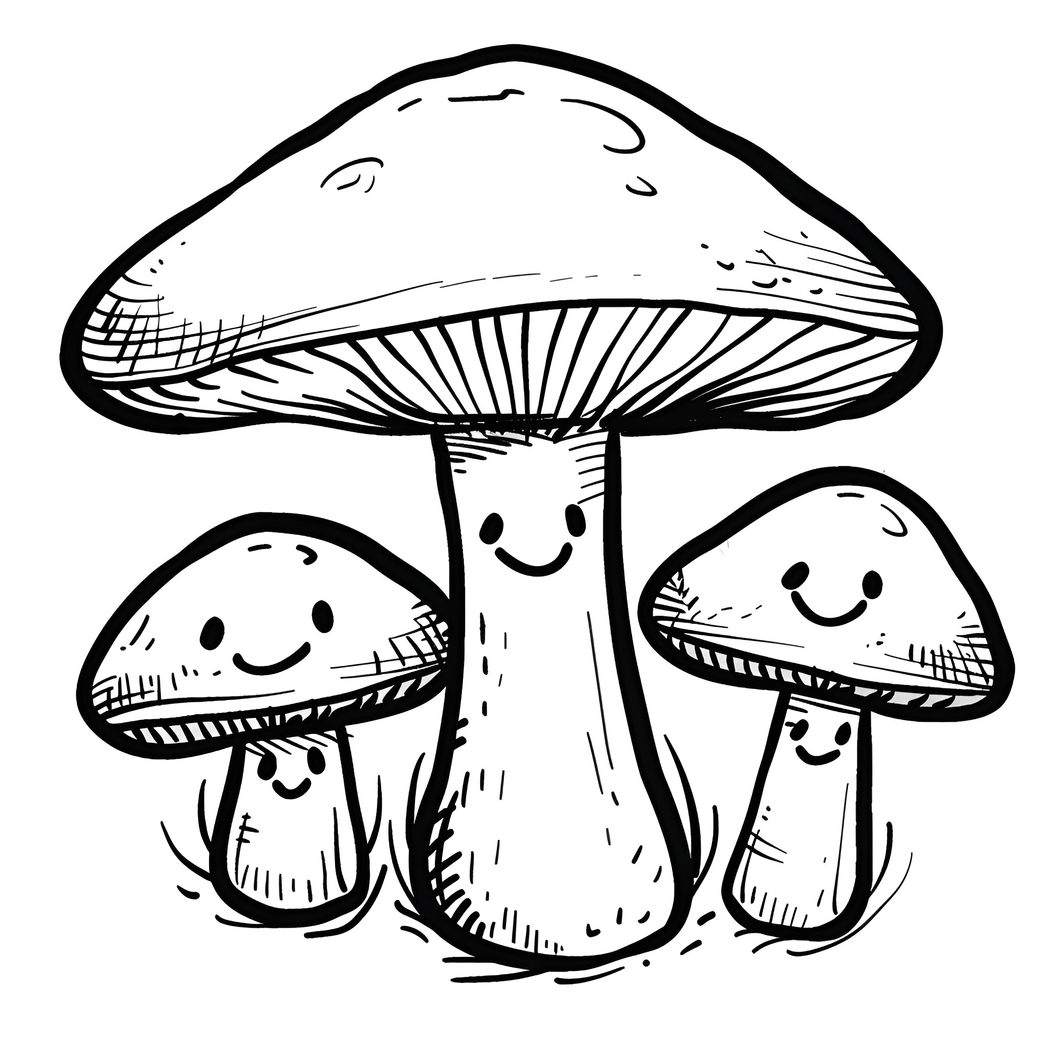 Mushrooms with cheerful expressions Drawing Idea (free black-and-white line drawing printable PDF for all, from beginners to advanced learners, including children, teens, adults, and seniors)