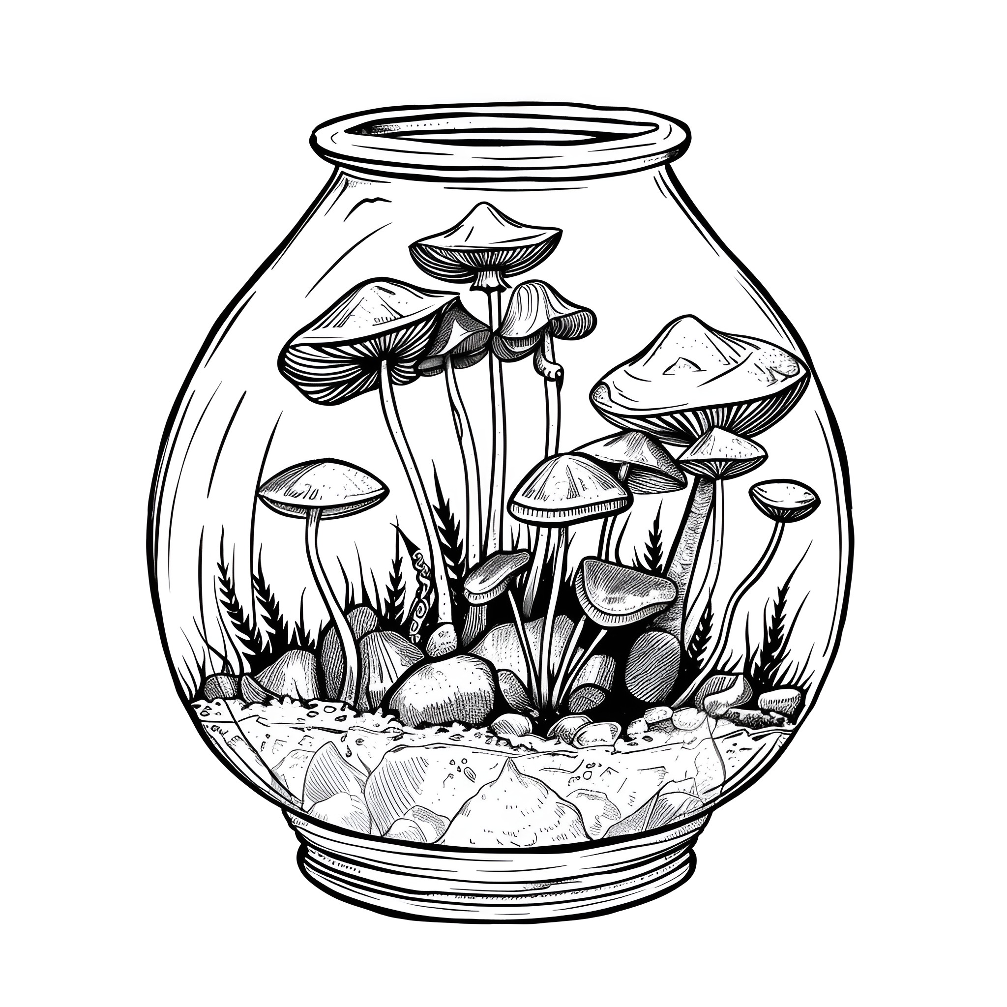 Mushrooms growing in glass terrarium Drawing Idea (free black-and-white line drawing printable PDF for all, from beginners to advanced learners, including children, teens, adults, and seniors)