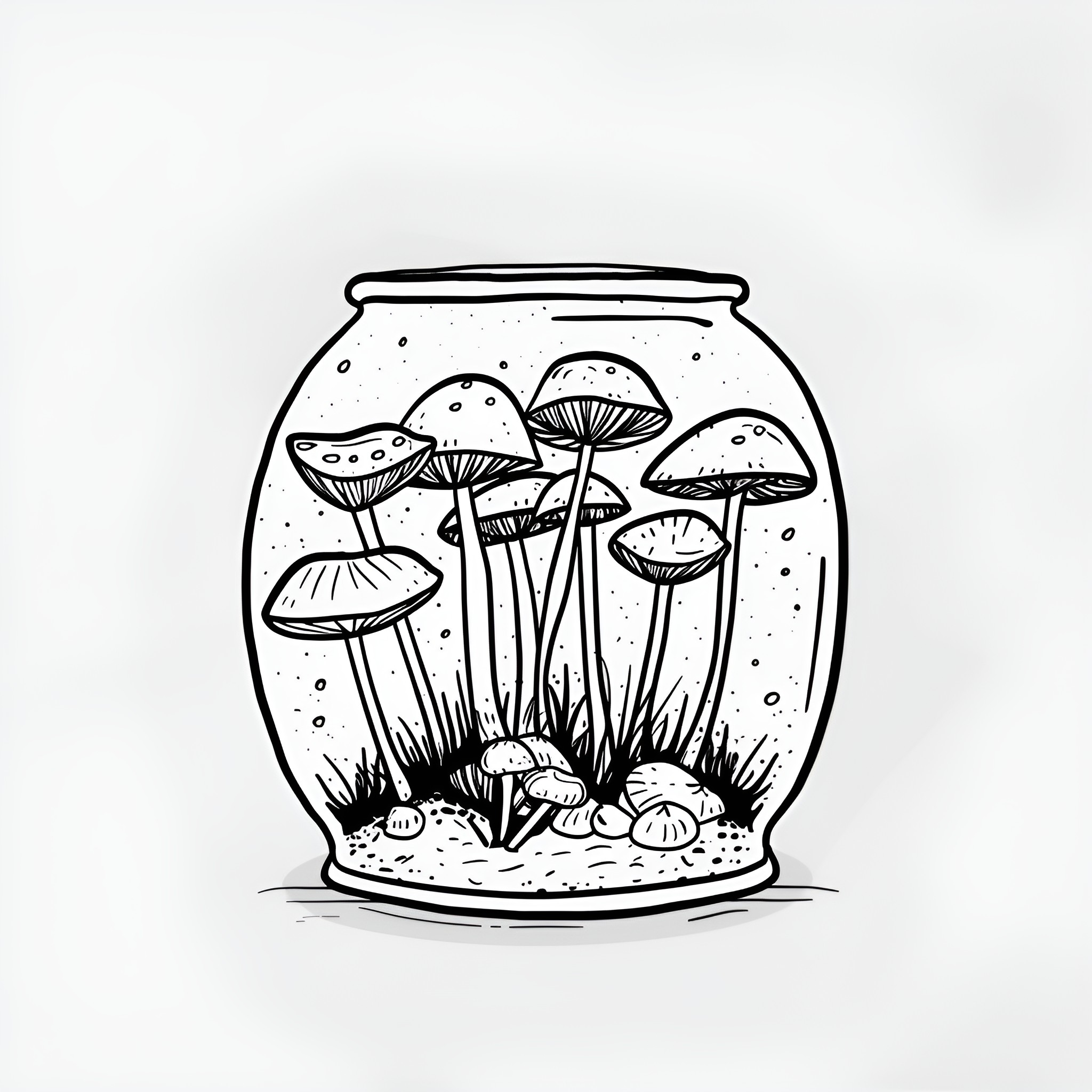 Mushrooms growing in a glass container Drawing Idea (free black-and-white line drawing printable PDF for all, from beginners to advanced learners, including children, teens, adults, and seniors)